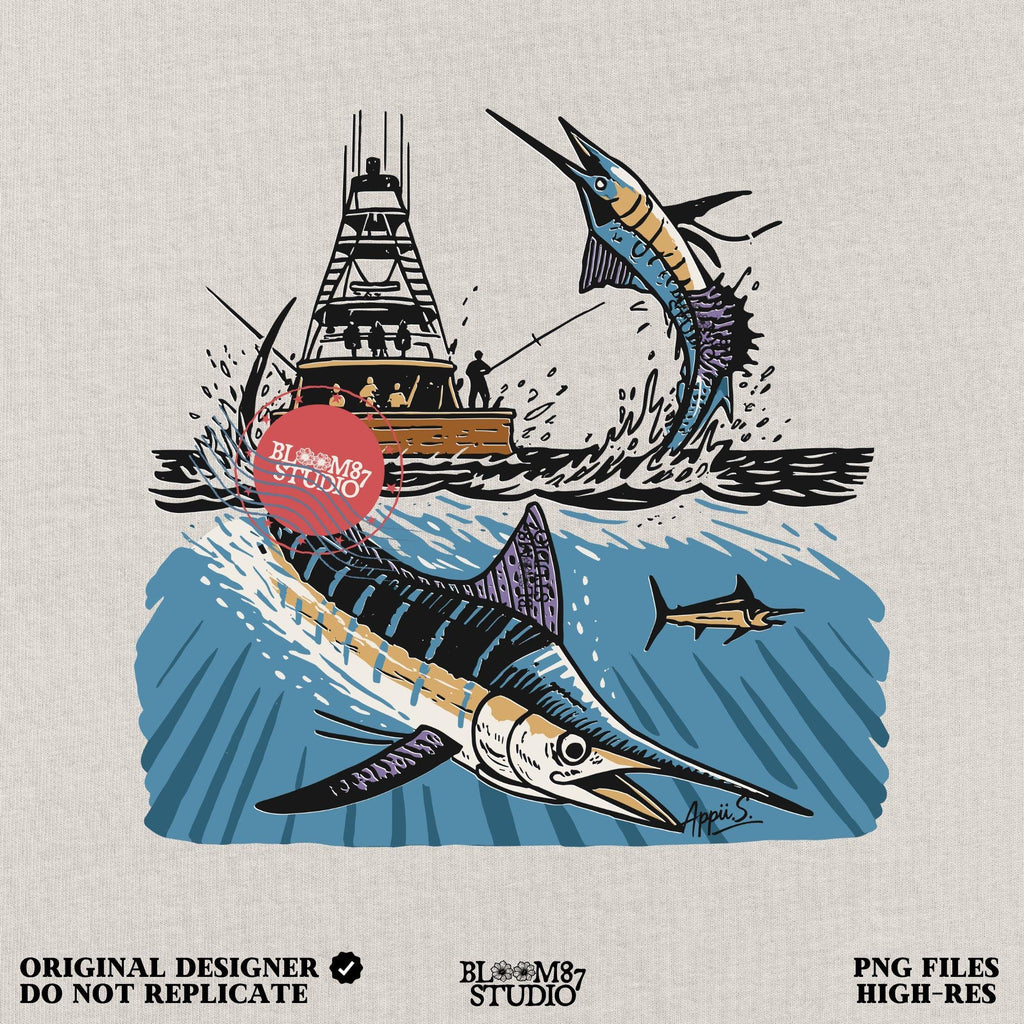 Illustration of a blue marlin jumping near a sportfishing boat with underwater and above-water ocean scene, sublimation PNG design