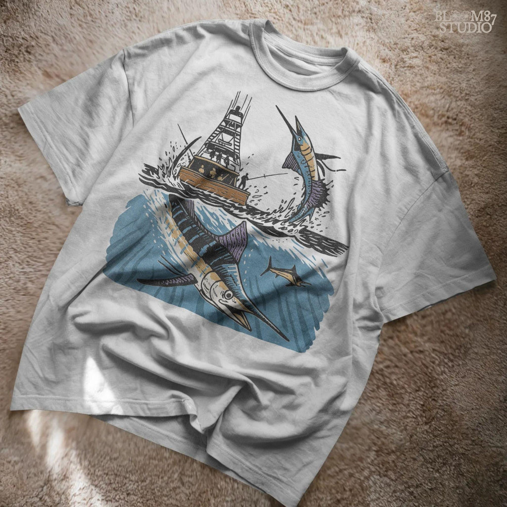 Illustration of a blue marlin jumping near a sportfishing boat with underwater and above-water ocean scene, sublimation PNG design