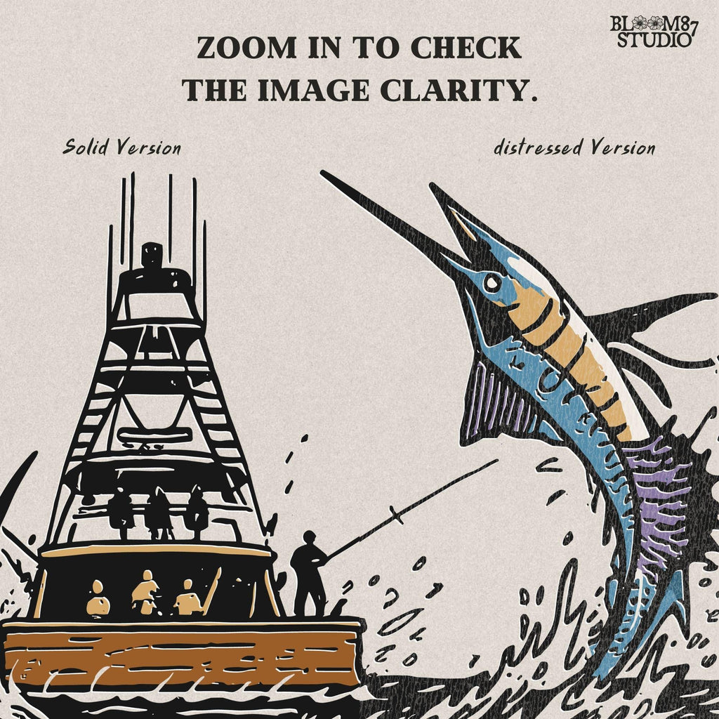 Illustration of a blue marlin jumping near a sportfishing boat with underwater and above-water ocean scene, sublimation PNG design