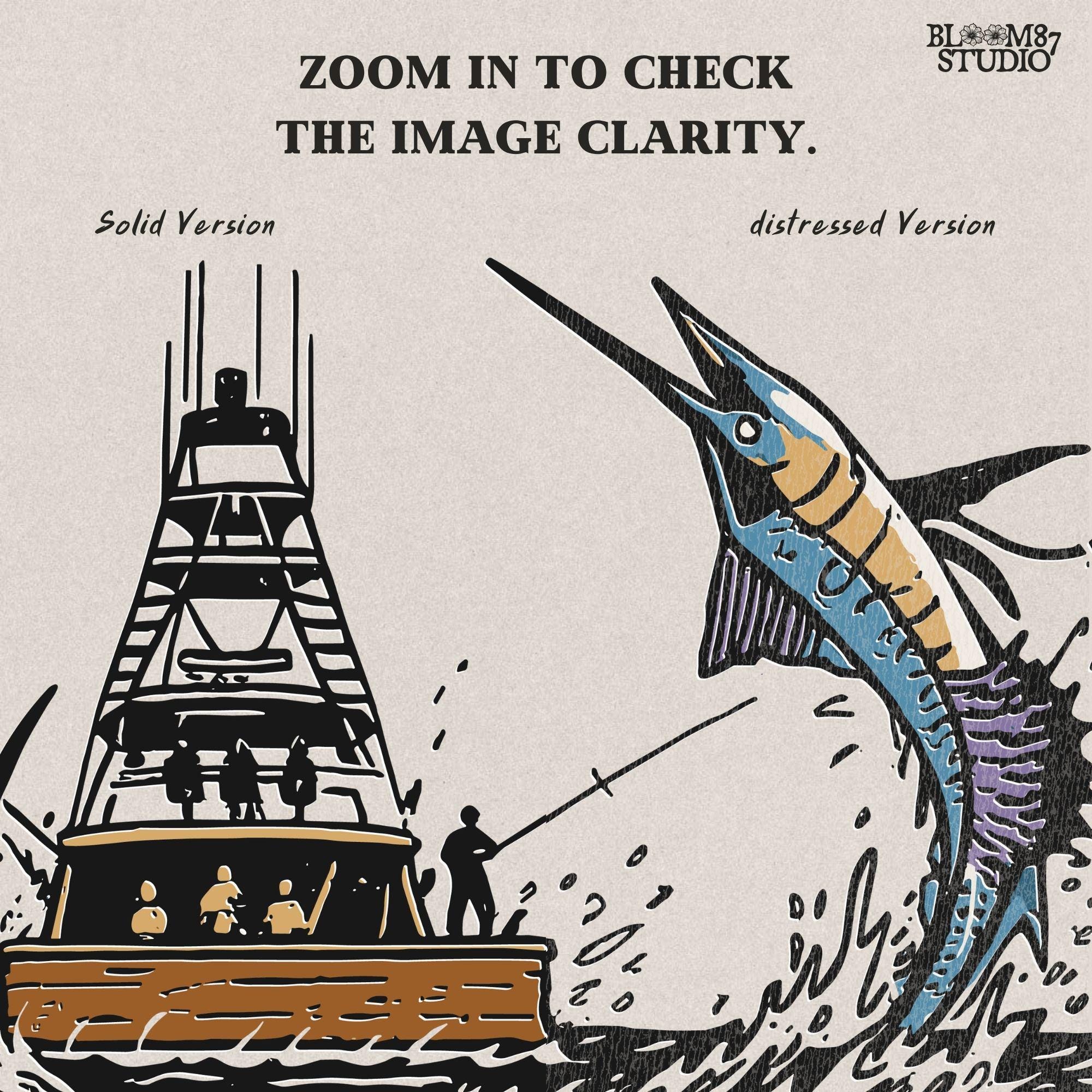 Illustration of a blue marlin jumping near a sportfishing boat with underwater and above-water ocean scene, sublimation PNG design