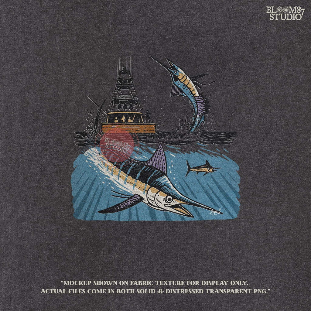 Illustration of a blue marlin jumping near a sportfishing boat with underwater and above-water ocean scene, sublimation PNG design