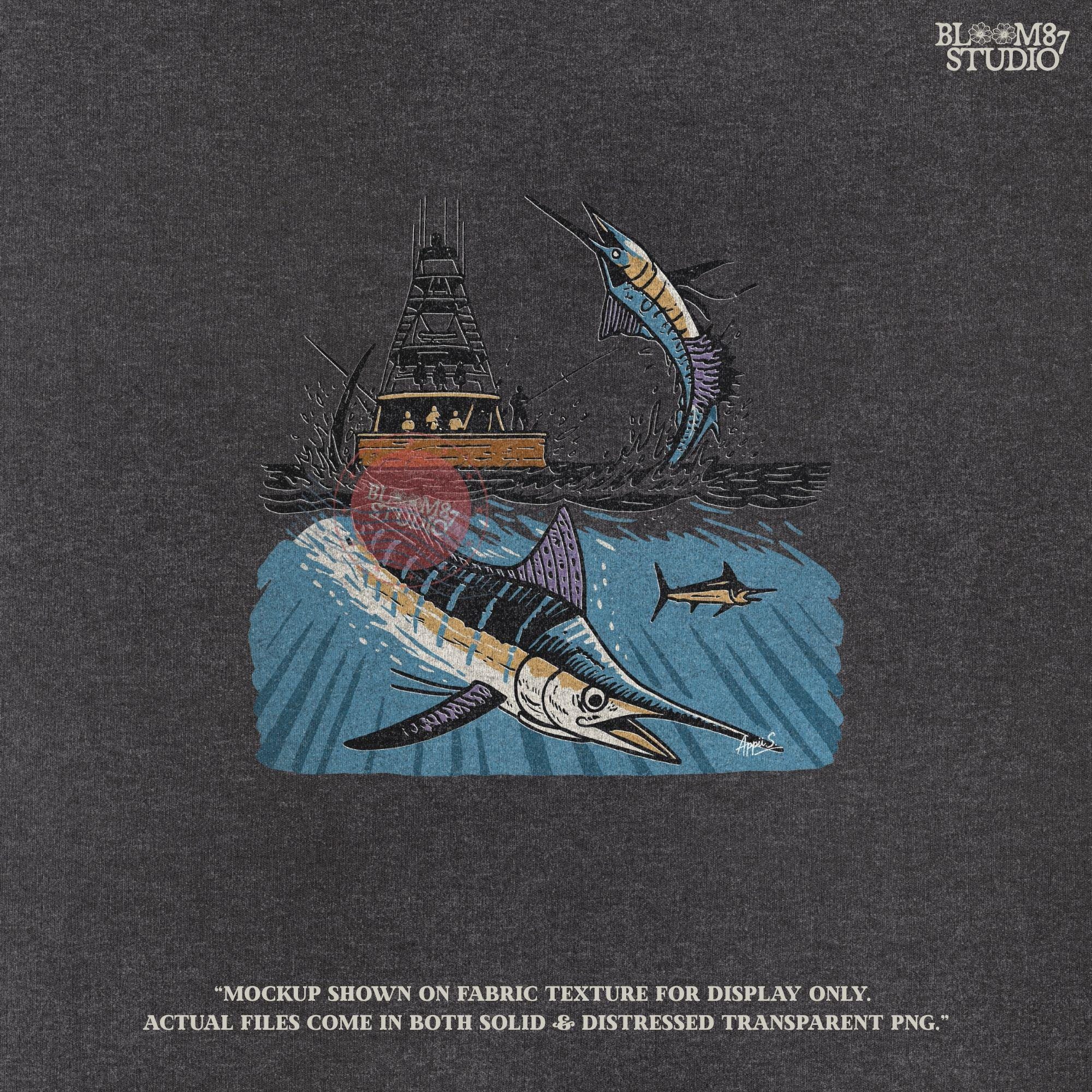 Illustration of a blue marlin jumping near a sportfishing boat with underwater and above-water ocean scene, sublimation PNG design