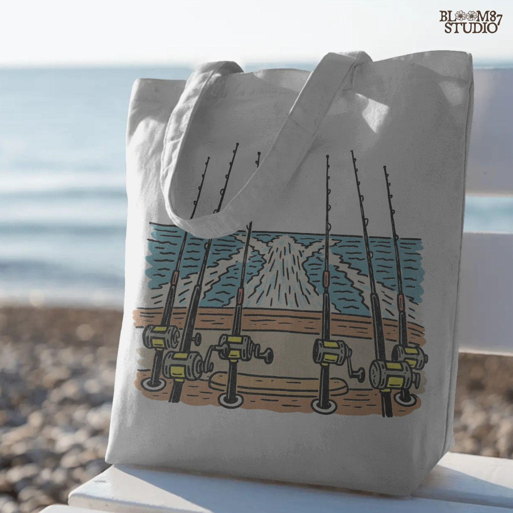 Illustration of offshore fishing rods set up on the stern of a boat moving through the ocean with visible wake, PNG design for sublimation