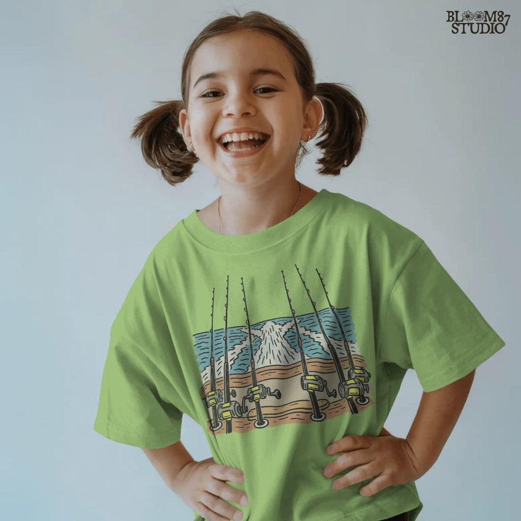 Illustration of offshore fishing rods set up on the stern of a boat moving through the ocean with visible wake, PNG design for sublimation