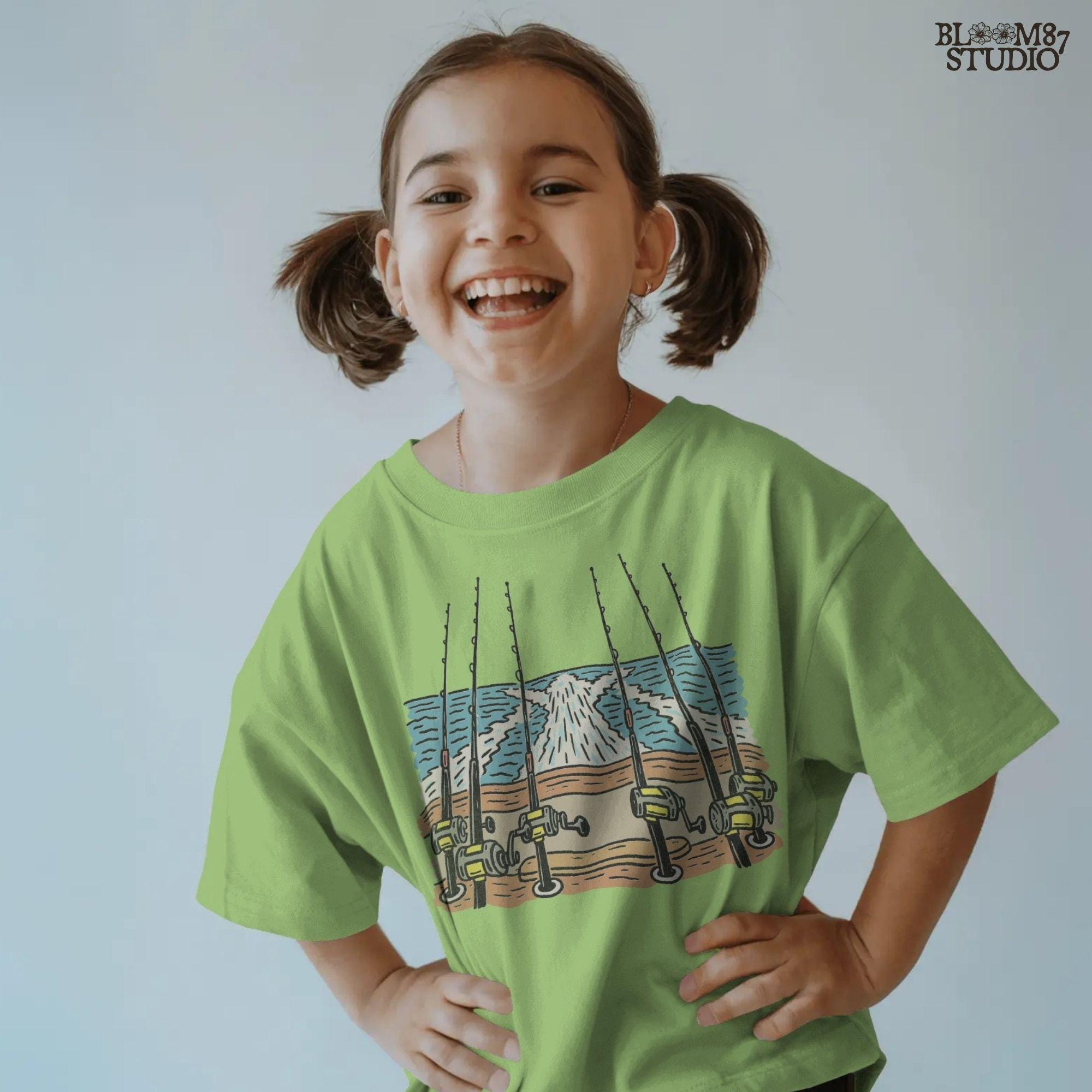 Illustration of offshore fishing rods set up on the stern of a boat moving through the ocean with visible wake, PNG design for sublimation