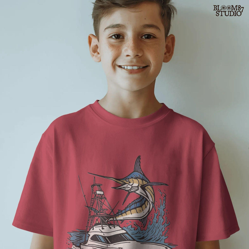 Illustration of a large marlin fish leaping beside an offshore sportfishing boat on the ocean, PNG digital design for sublimation projects.