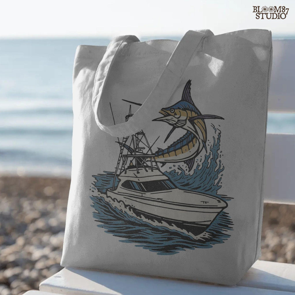 Illustration of a large marlin fish leaping beside an offshore sportfishing boat on the ocean, PNG digital design for sublimation projects.