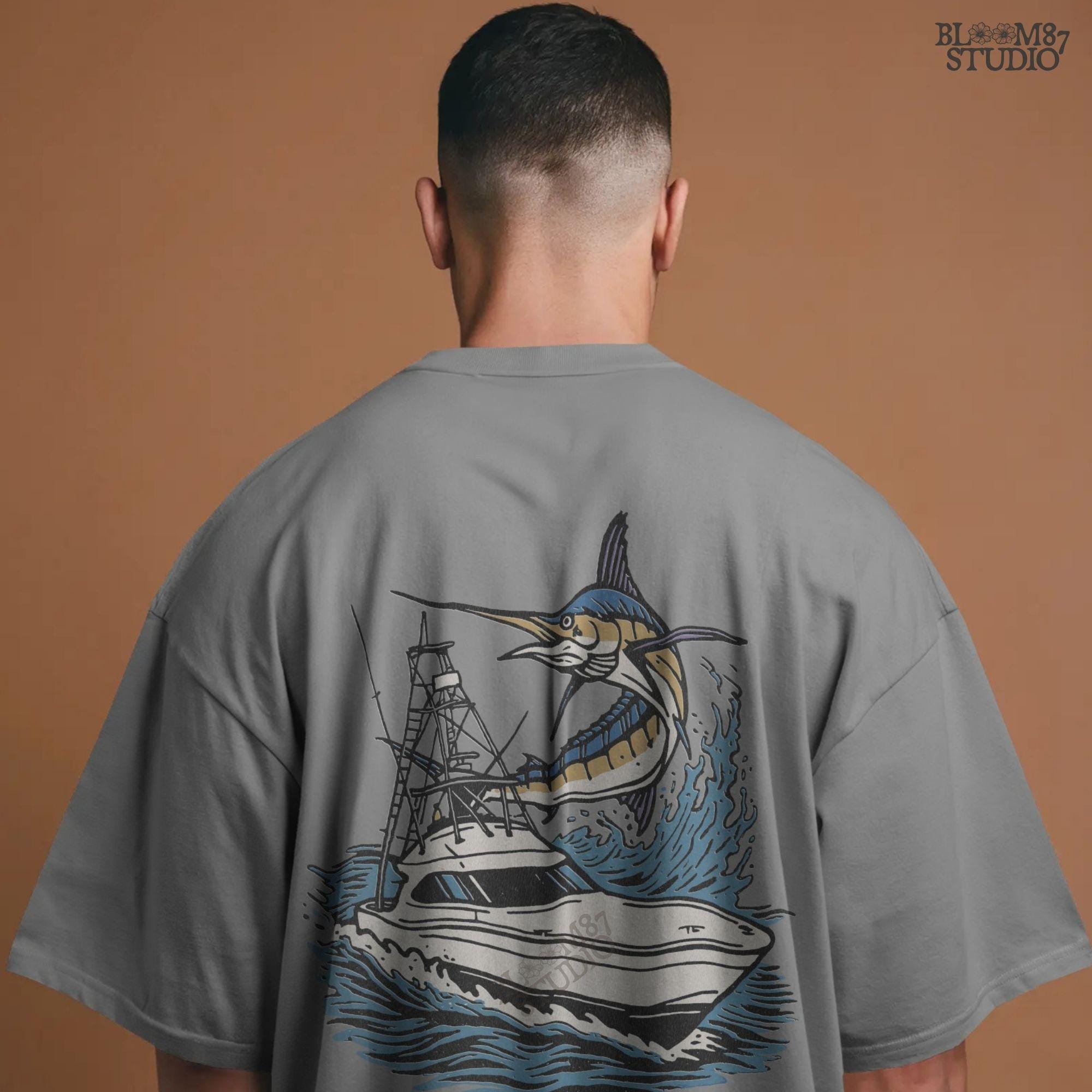 Illustration of a large marlin fish leaping beside an offshore sportfishing boat on the ocean, PNG digital design for sublimation projects.