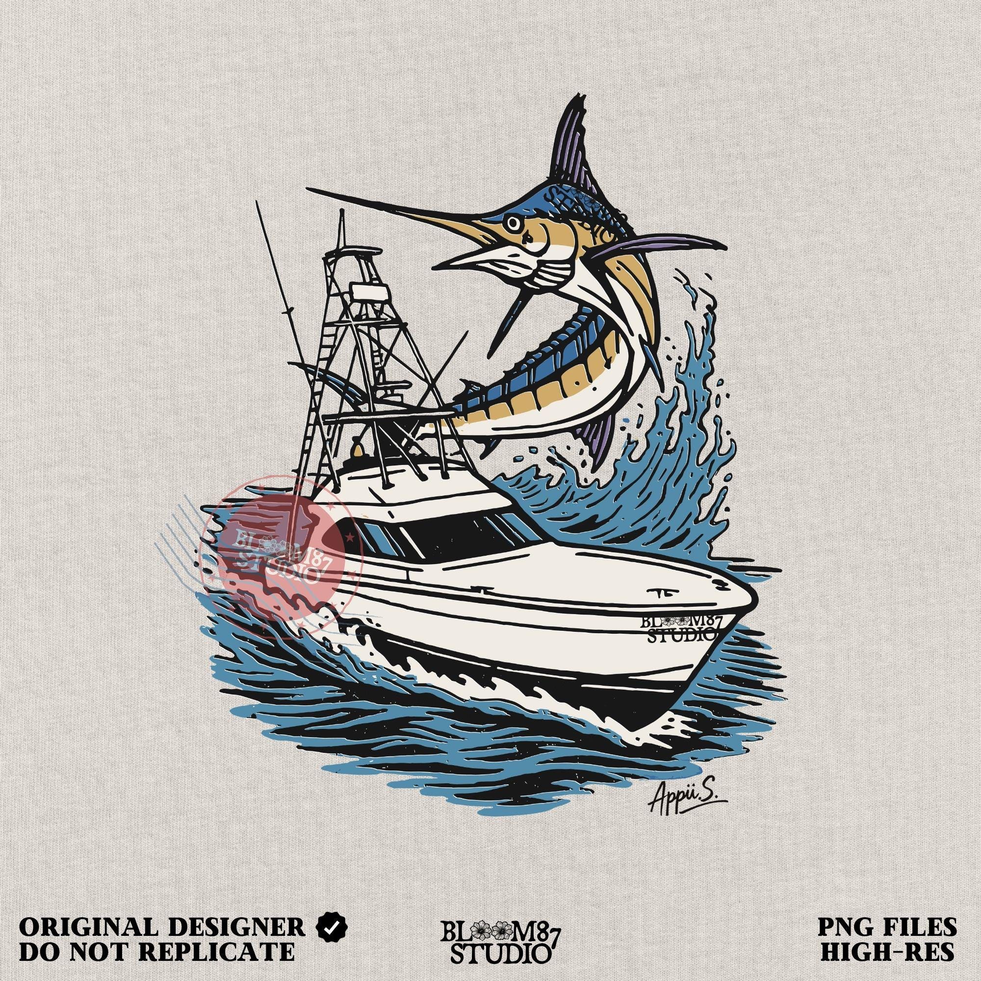 Illustration of a large marlin fish leaping beside an offshore sportfishing boat on the ocean, PNG digital design for sublimation projects.
