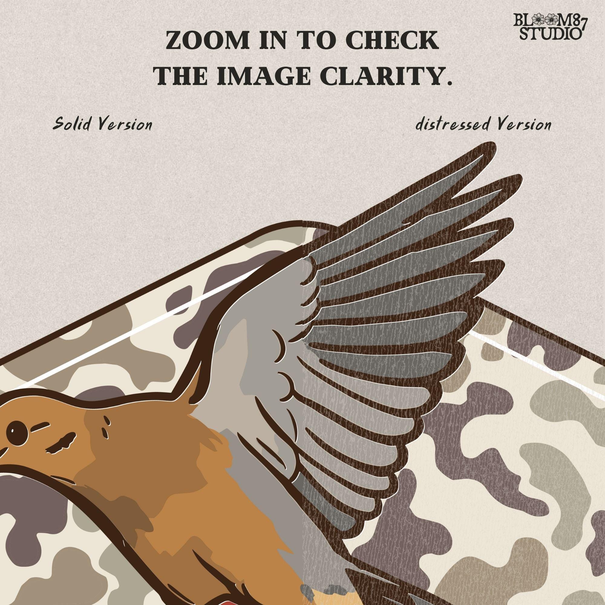 Illustration of a flying mourning dove over a tan and brown camo-patterned background, designed for hunting-themed sublimation prints.
