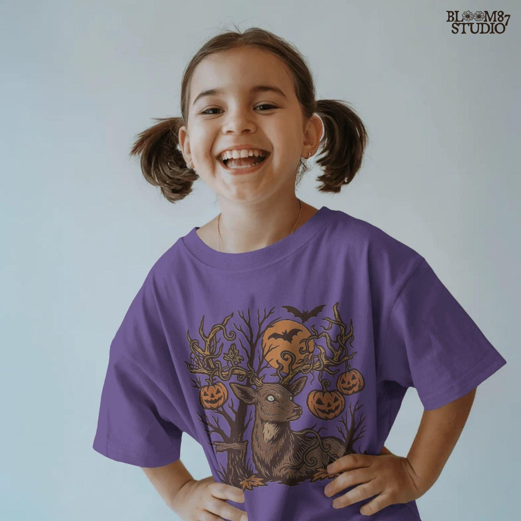 Halloween-themed sublimation PNG of a deer with spiderweb antlers, jack-o’-lantern pumpkins, bats, and a spooky forest background.