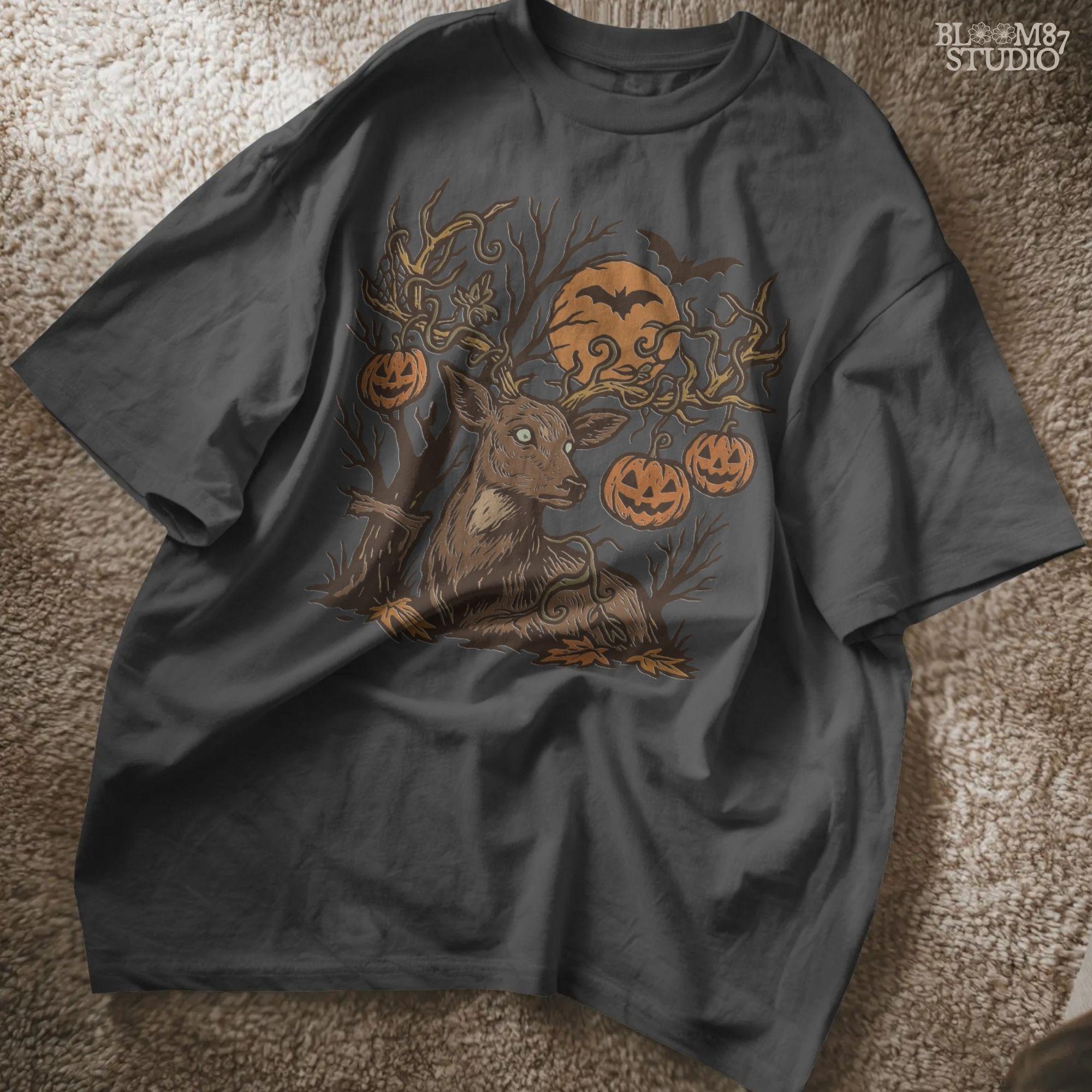 Halloween-themed sublimation PNG of a deer with spiderweb antlers, jack-o’-lantern pumpkins, bats, and a spooky forest background.