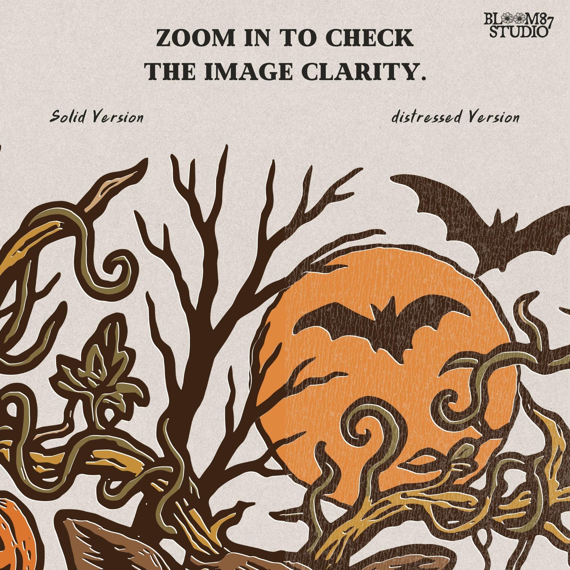 Halloween-themed sublimation PNG of a deer with spiderweb antlers, jack-o’-lantern pumpkins, bats, and a spooky forest background.