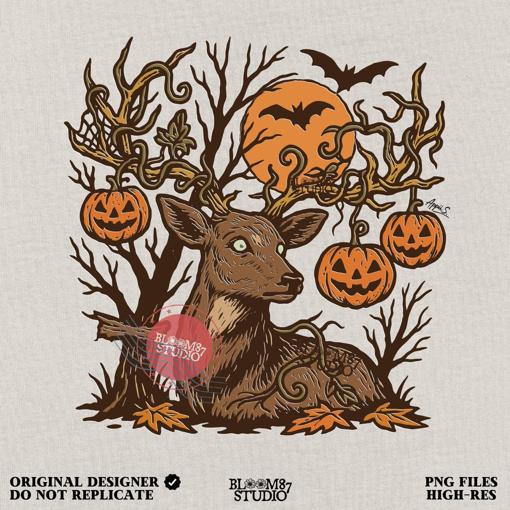 Halloween Deer PNG | Spooky Forest Buck Sublimation with Pumpkins & Bats | Rustic Hunting Halloween Clipart | Fall Antler Skull PNG Download