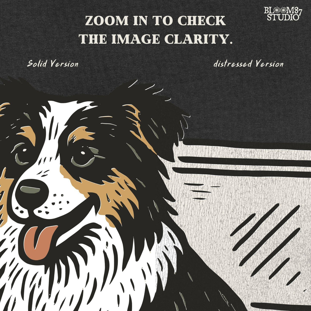 Illustration of an Australian Shepherd dog sitting inside a cowhide-pattern USA cooler; western patriotic sublimation PNG for dog lovers and crafters.