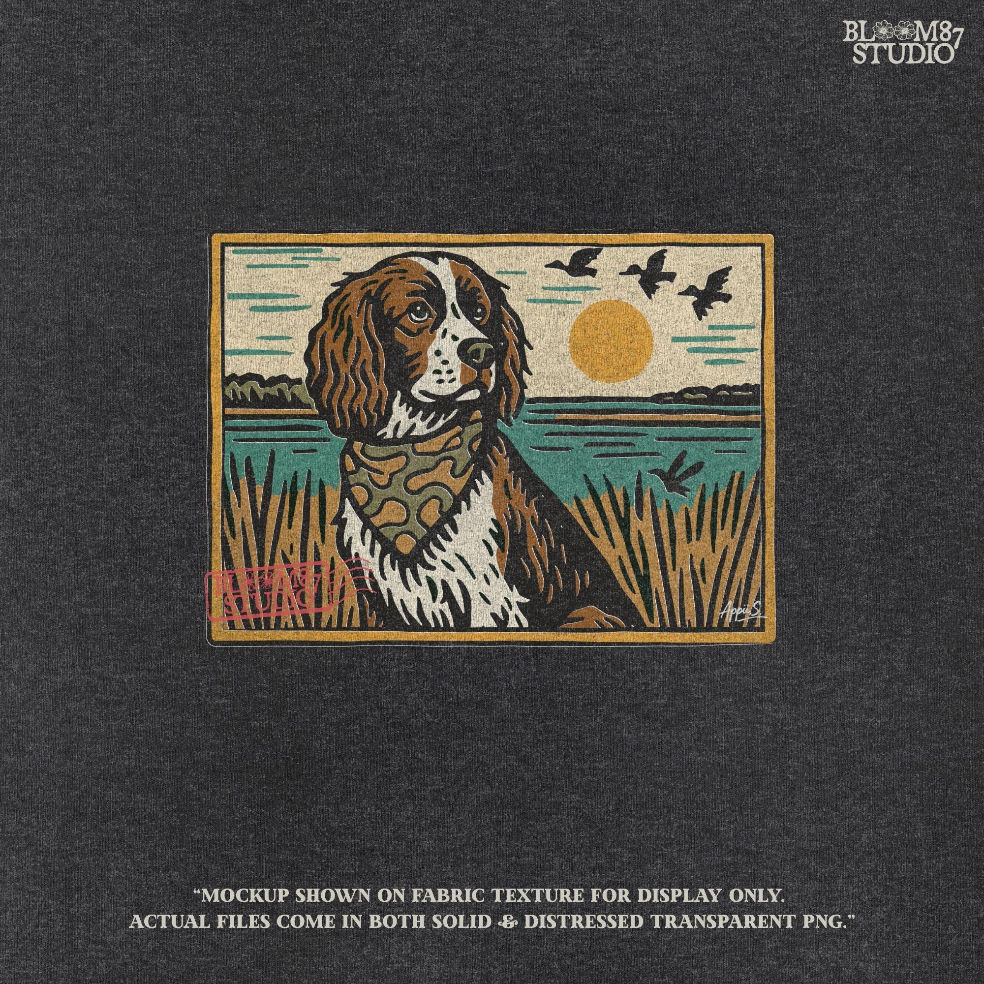 Illustration of a spaniel dog in a camouflage bandana sitting near a lake with sunset and ducks flying overhead; rustic southern sublimation PNG for apparel.