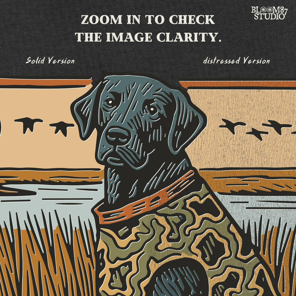 Camo-clad black Labrador retriever sitting in a grassy marsh with flying ducks and a sunset background, digital PNG for hunting dog sublimation designs.
