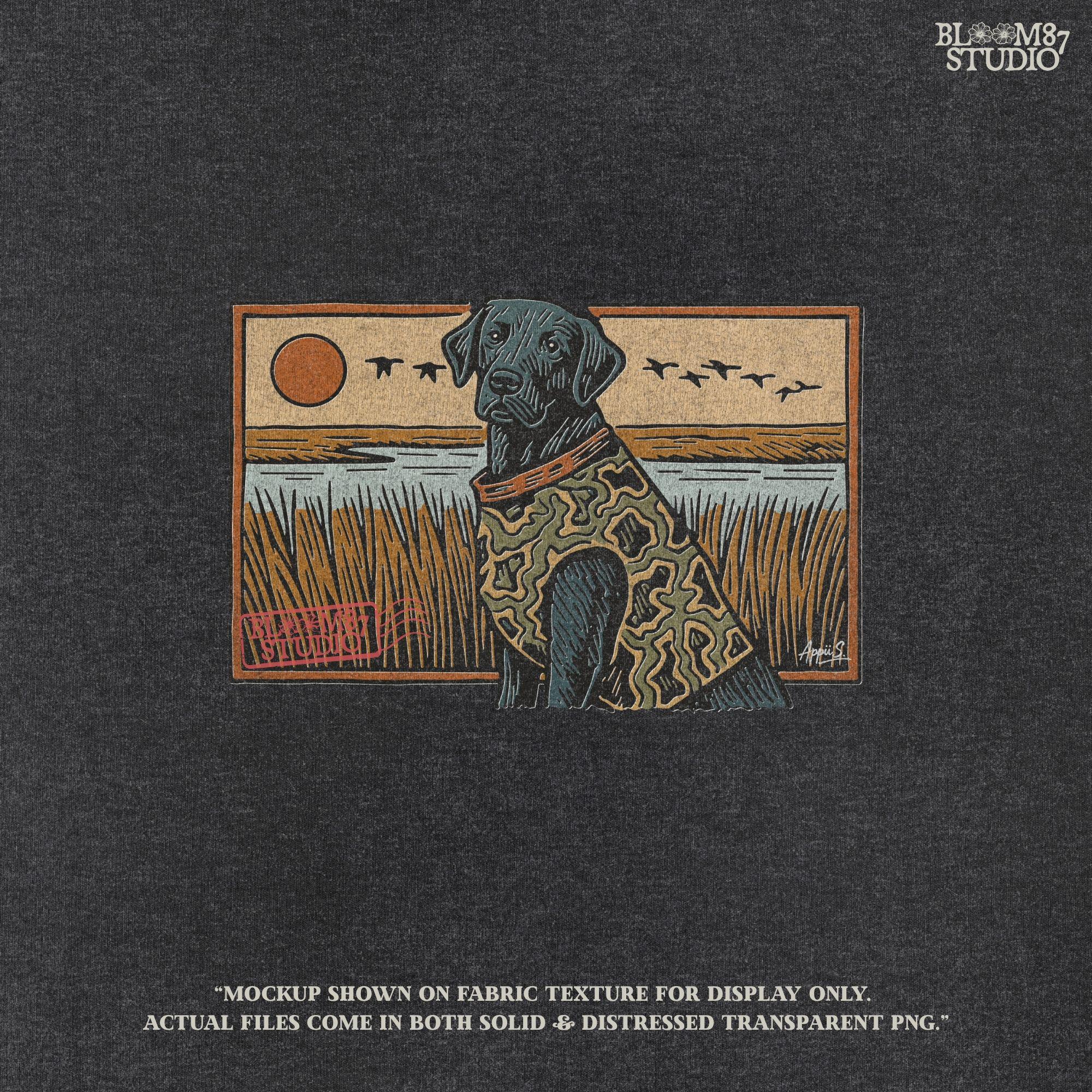 Camo-clad black Labrador retriever sitting in a grassy marsh with flying ducks and a sunset background, digital PNG for hunting dog sublimation designs.