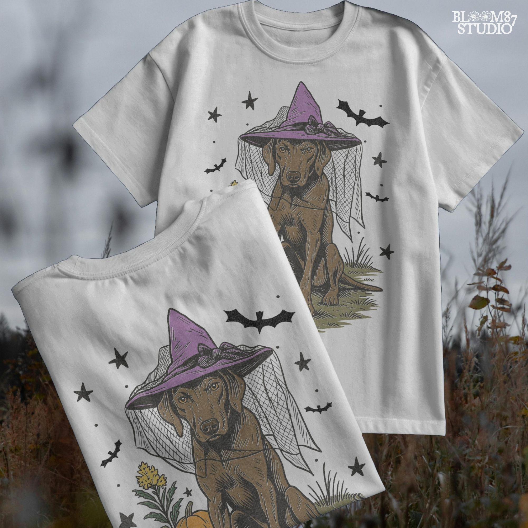 Illustration of a brown labrador wearing a witch hat, sitting in grass with pumpkins and stars in the background, in Halloween spooky style.