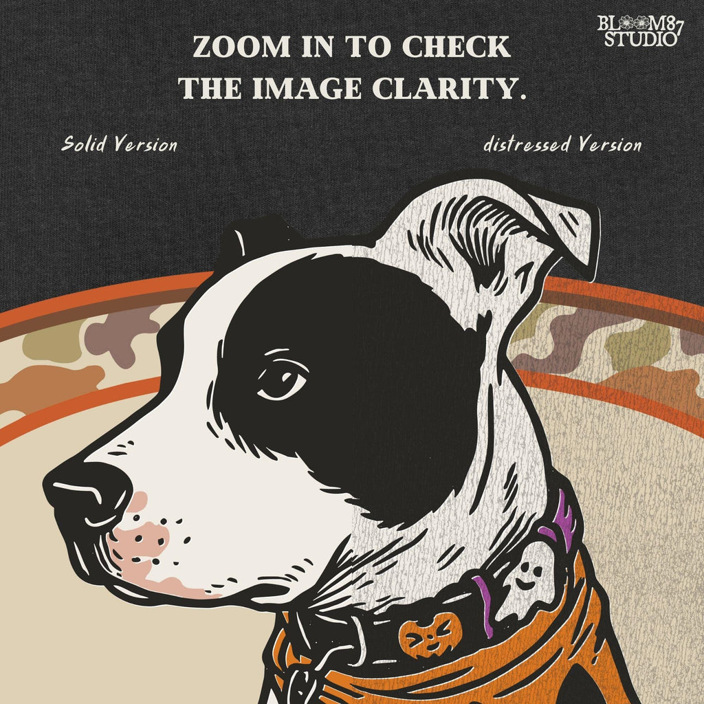 Illustration of a black and white pitbull wearing a jack-o’-lantern bandana and Halloween collar, framed by a camo background.