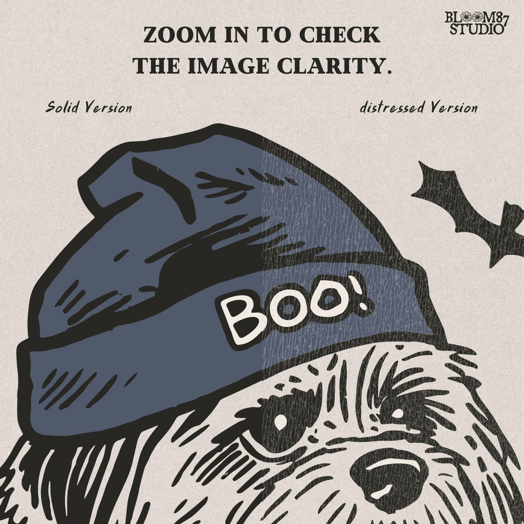 Illustration of a black dog wearing a “BOO!” hat and orange striped bandana, sitting next to stacked pumpkins on a Halloween background.