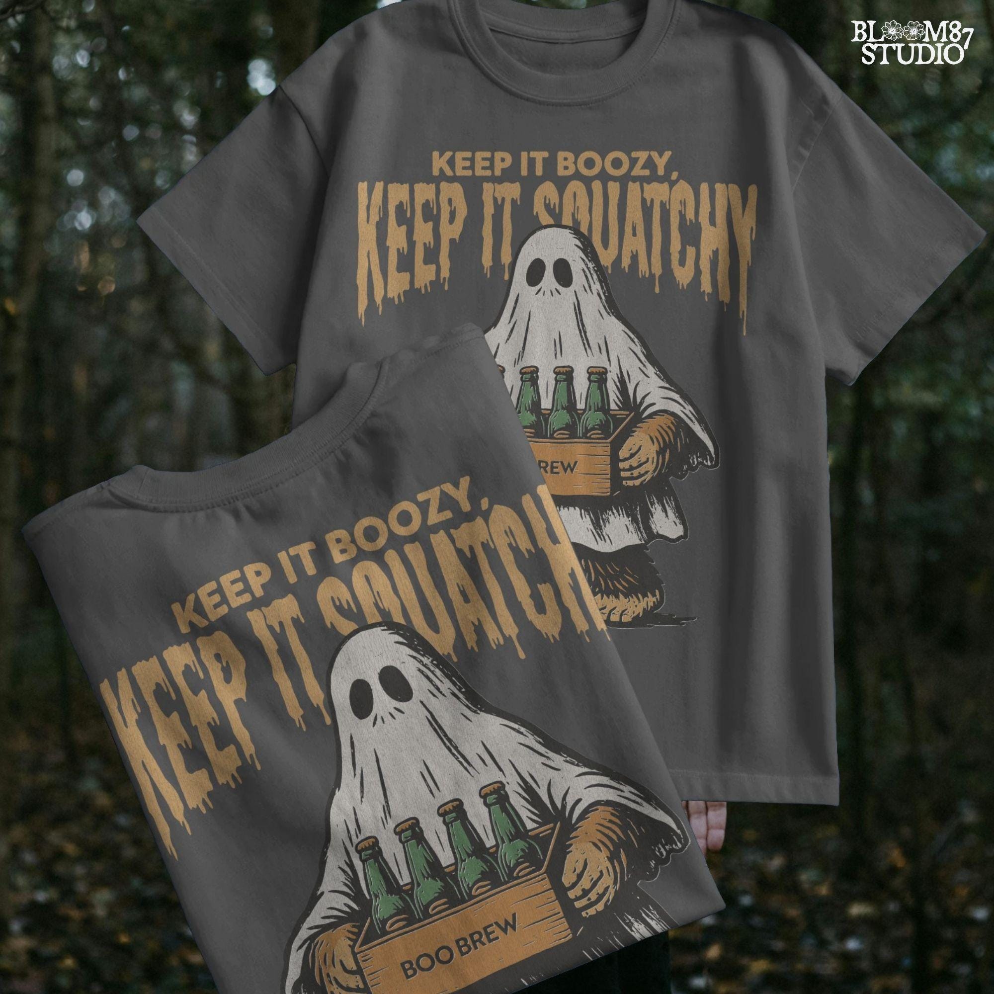 Funny Bigfoot dressed as a ghost holding a six-pack labeled “Boo Brew,” with spooky text “Keep It Boozy, Keep It Squatchy” above.