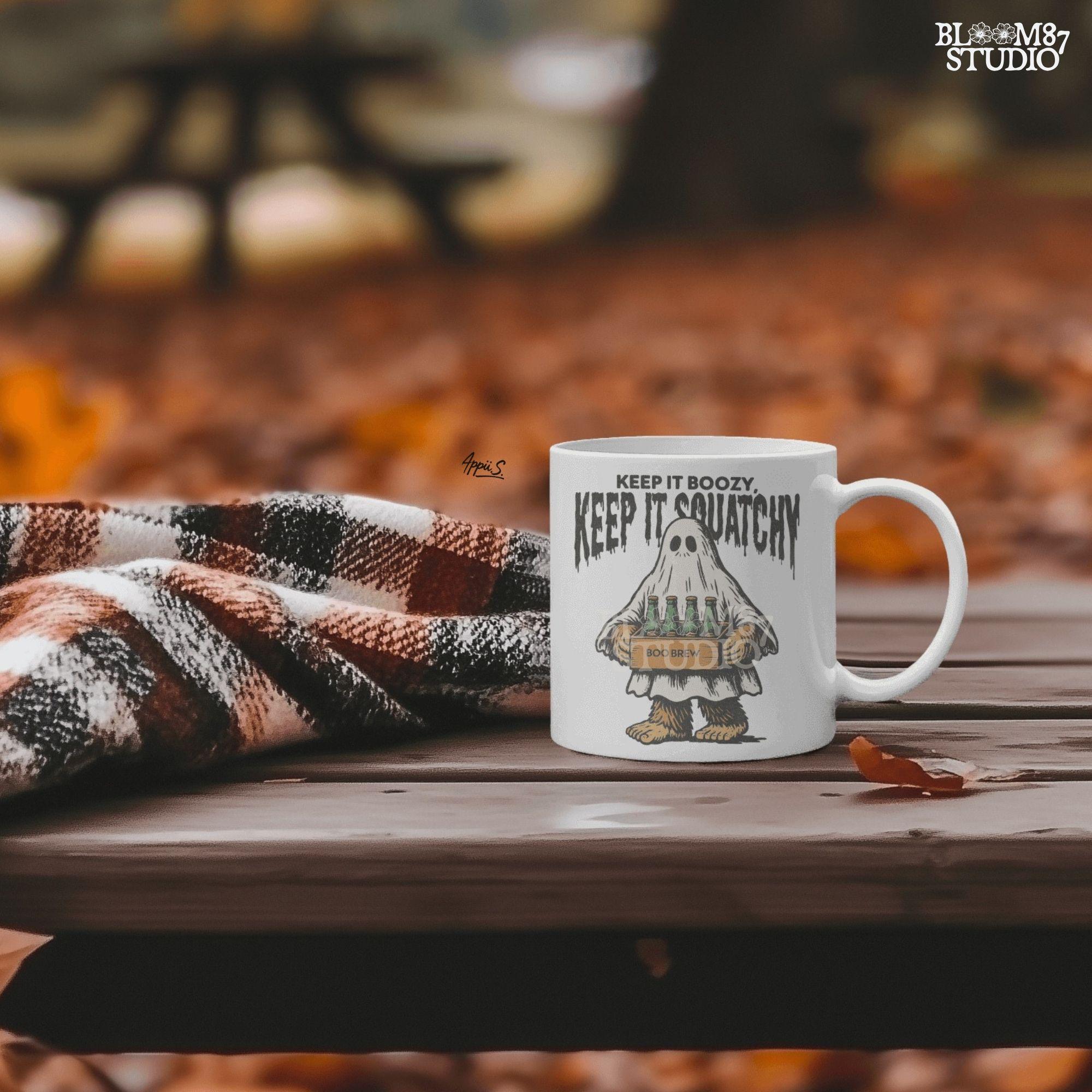 Funny Bigfoot dressed as a ghost holding a six-pack labeled “Boo Brew,” with spooky text “Keep It Boozy, Keep It Squatchy” above.