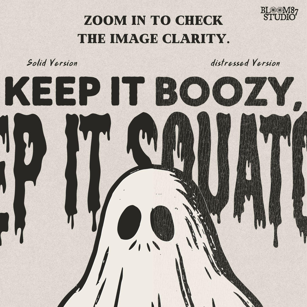 Funny Bigfoot dressed as a ghost holding a six-pack labeled “Boo Brew,” with spooky text “Keep It Boozy, Keep It Squatchy” above.