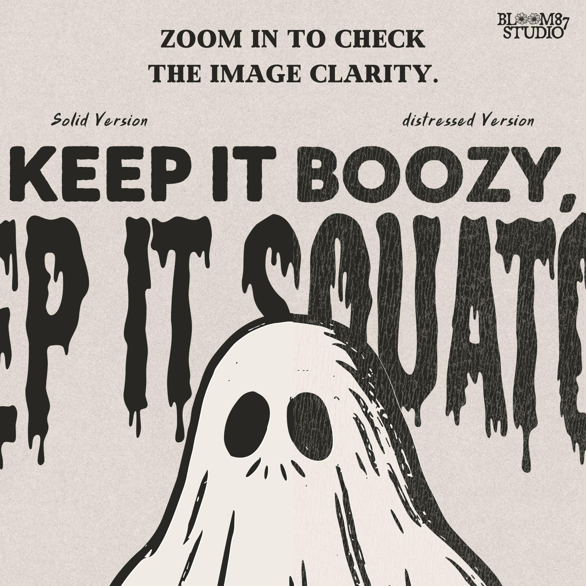 Funny Bigfoot dressed as a ghost holding a six-pack labeled “Boo Brew,” with spooky text “Keep It Boozy, Keep It Squatchy” above.