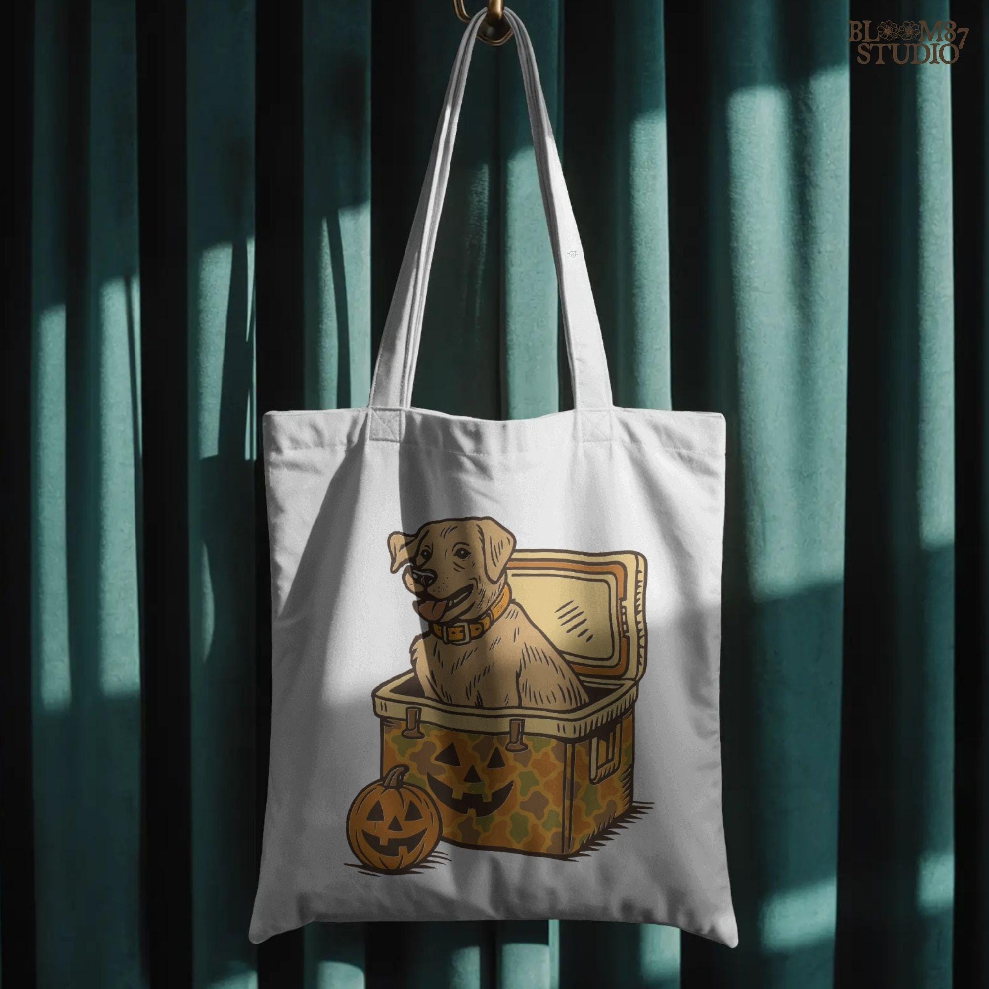 Halloween-themed yellow Labrador retriever sitting inside a pumpkin camo cooler with jack-o’-lanterns, sublimation PNG graphic.