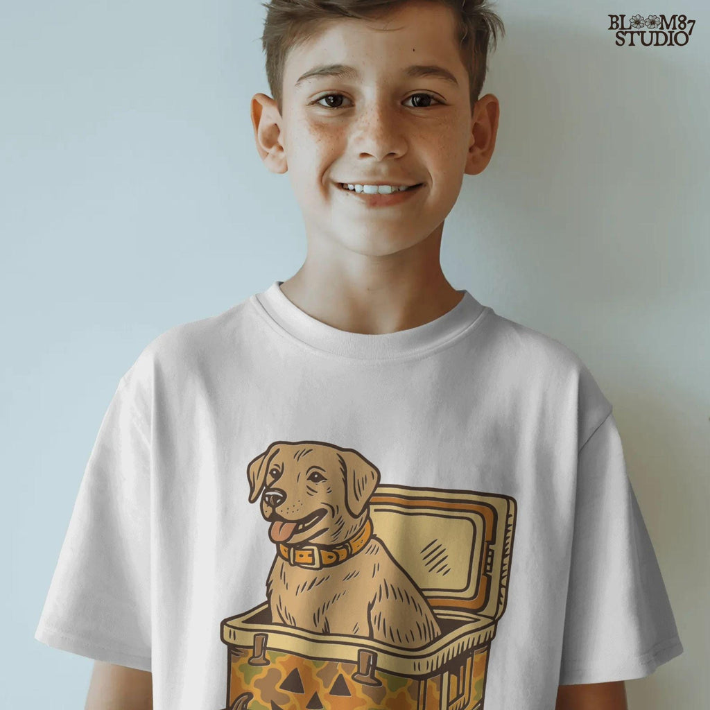 Halloween-themed yellow Labrador retriever sitting inside a pumpkin camo cooler with jack-o’-lanterns, sublimation PNG graphic.