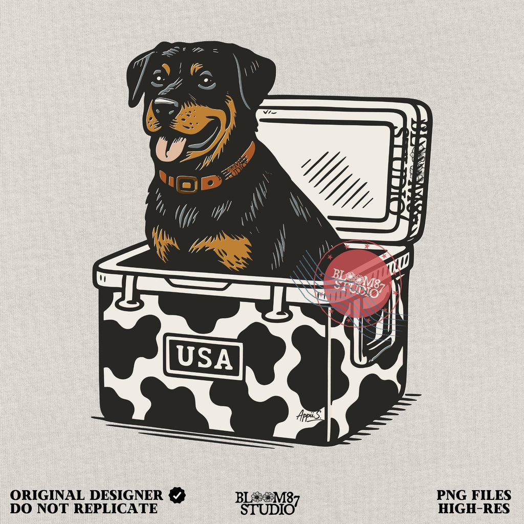 Rottweiler dog sitting in a cow-print USA cooler, smiling with tongue out. Patriotic and humorous sublimation PNG design.