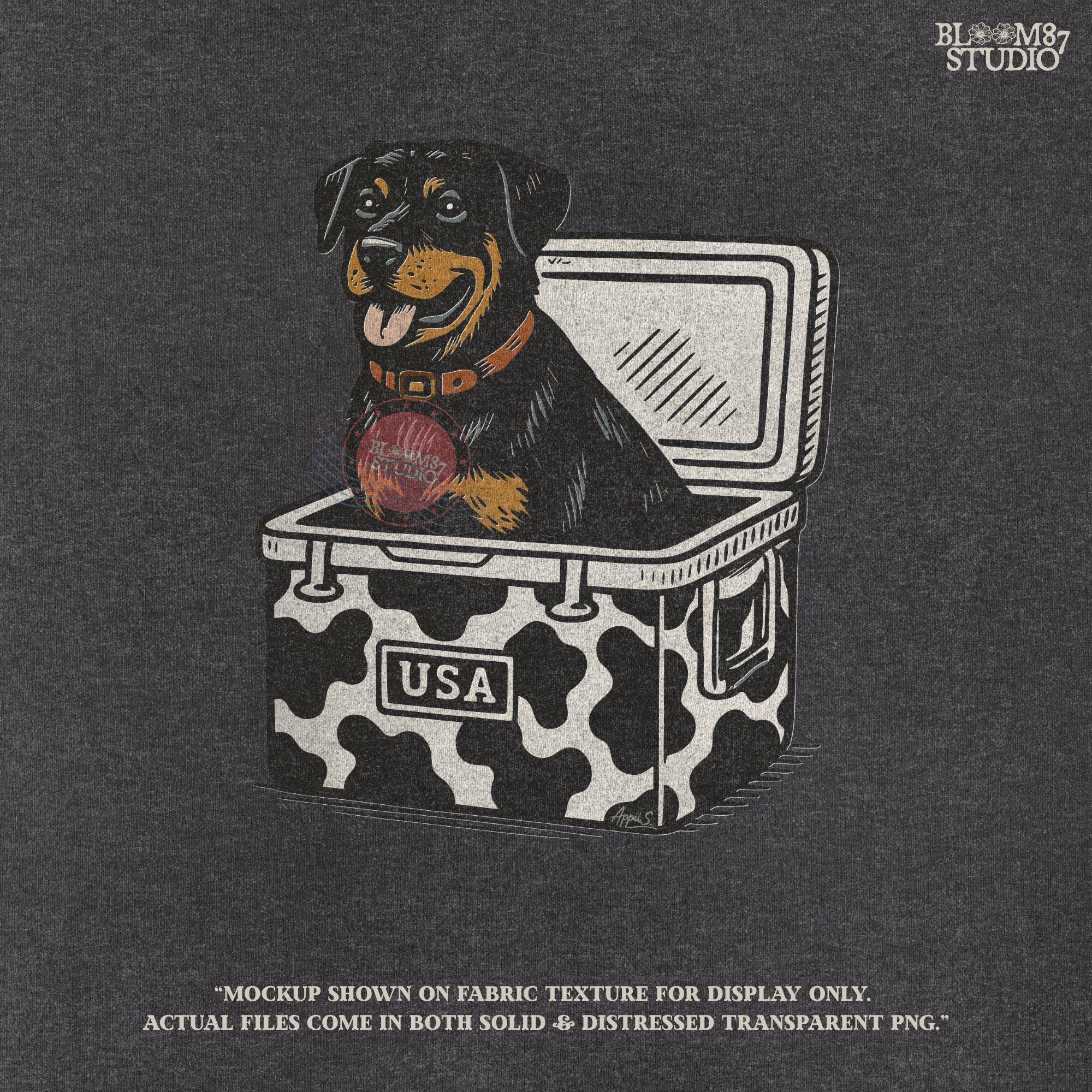 Rottweiler dog sitting in a cow-print USA cooler, smiling with tongue out. Patriotic and humorous sublimation PNG design.