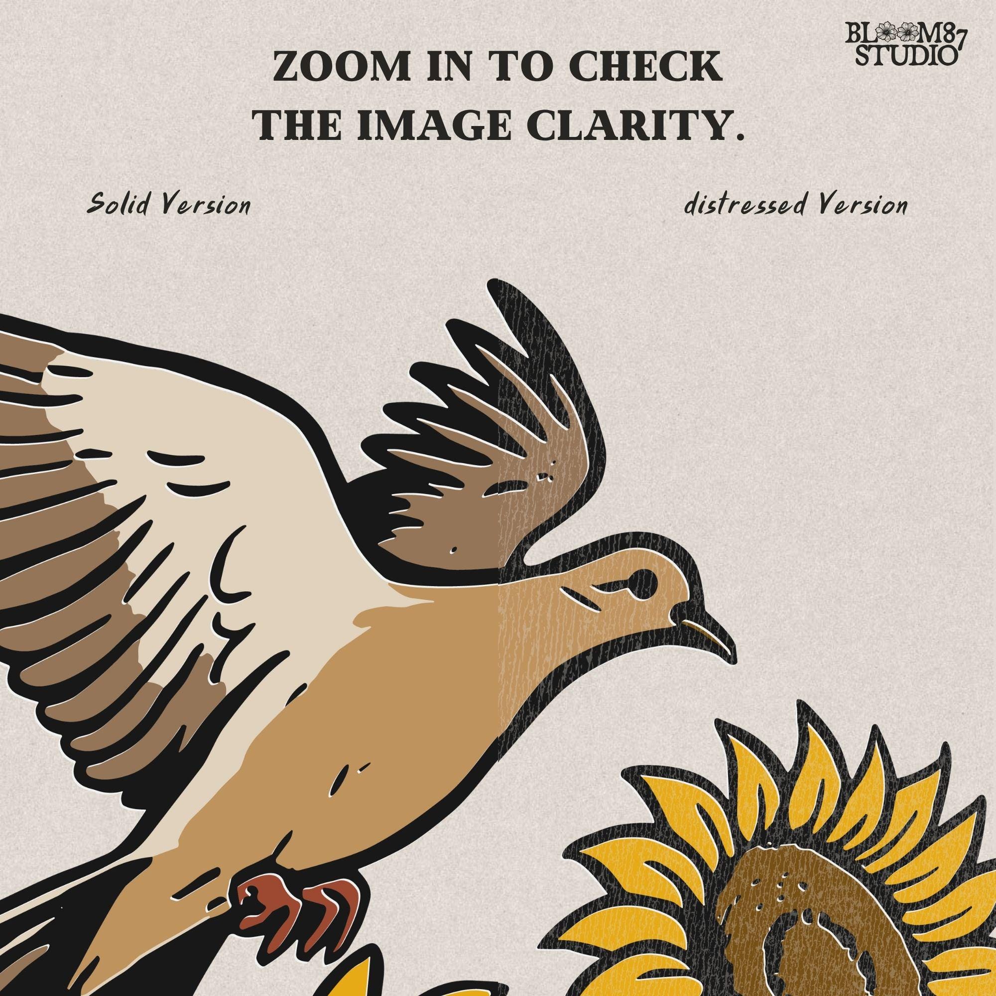 Mourning dove flying above blooming sunflowers with green leaves. Rustic sublimation PNG design for fall and country-themed crafts.