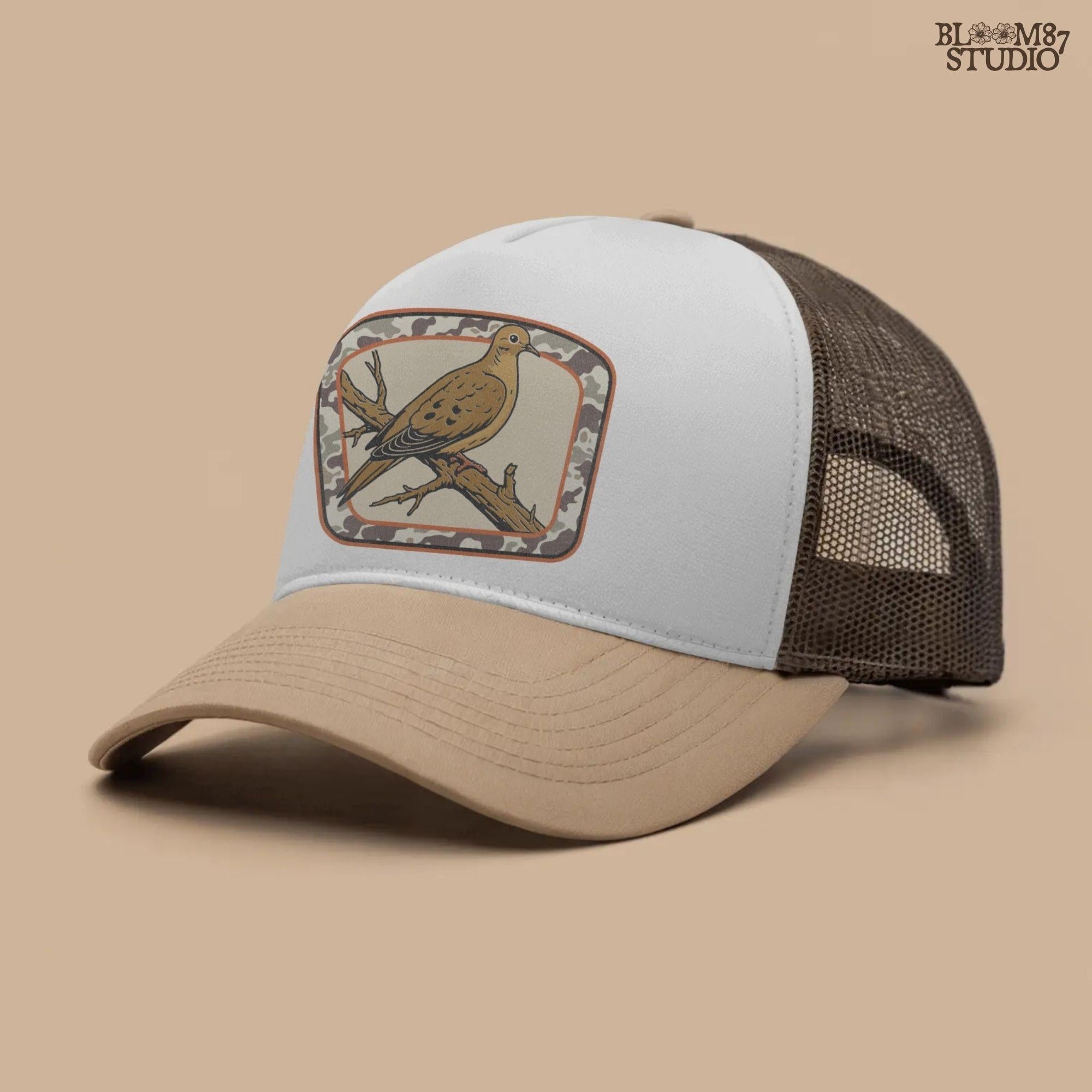 Rustic illustration of a mourning dove perched on a branch with camo border, ideal for hunting season and southern fall sublimation crafts.