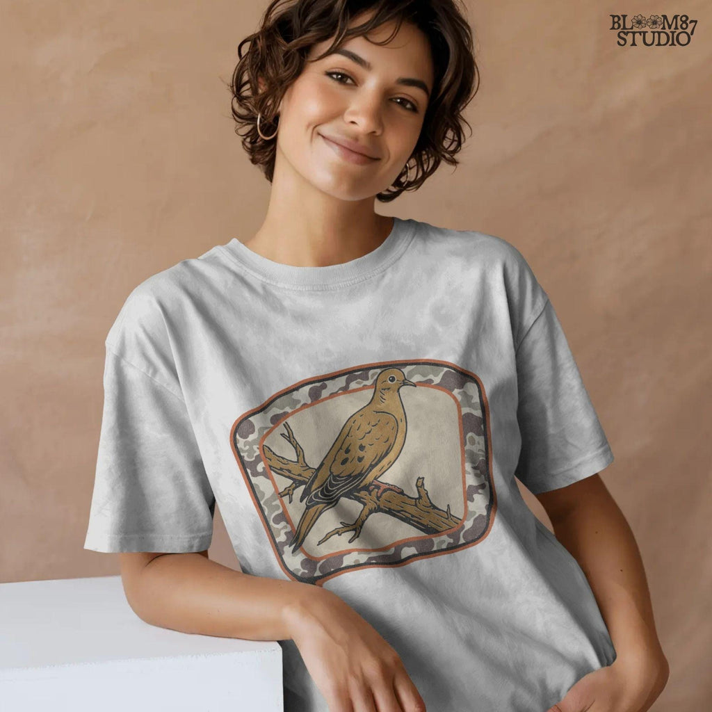 Rustic illustration of a mourning dove perched on a branch with camo border, ideal for hunting season and southern fall sublimation crafts.