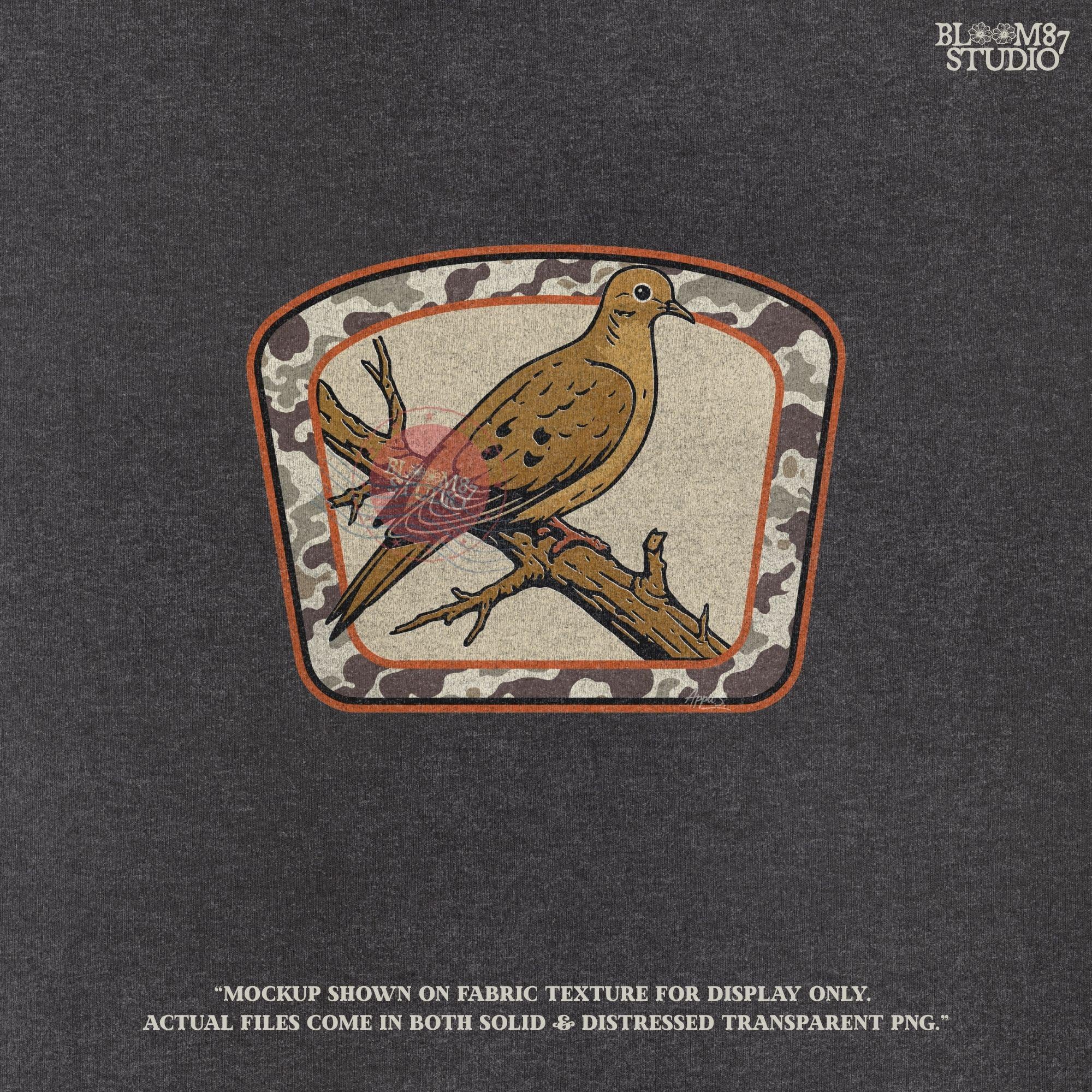 Rustic illustration of a mourning dove perched on a branch with camo border, ideal for hunting season and southern fall sublimation crafts.