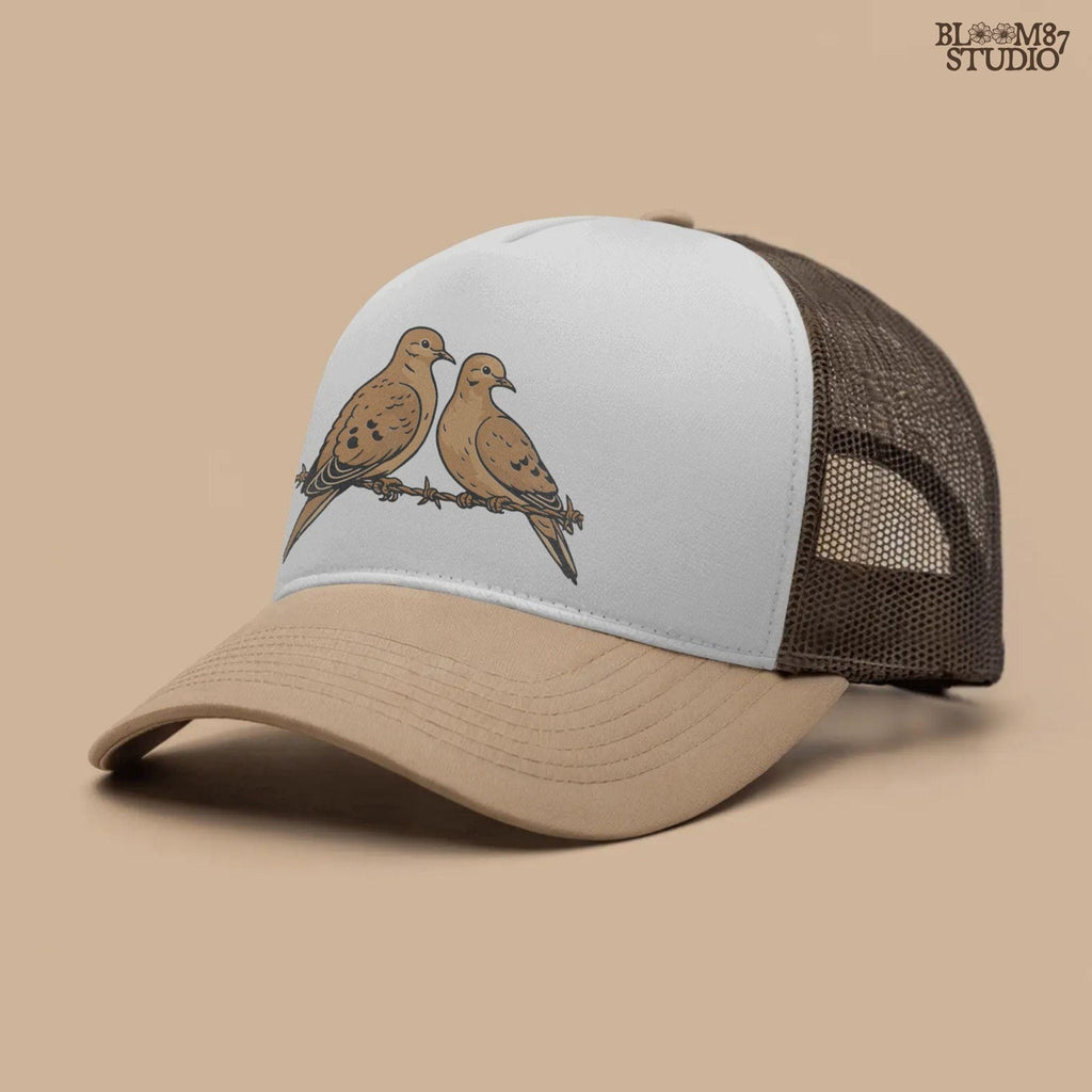 Two mourning doves perched on barbed wire, detailed rustic-style illustration, perfect for hunting season or southern country sublimation crafts.