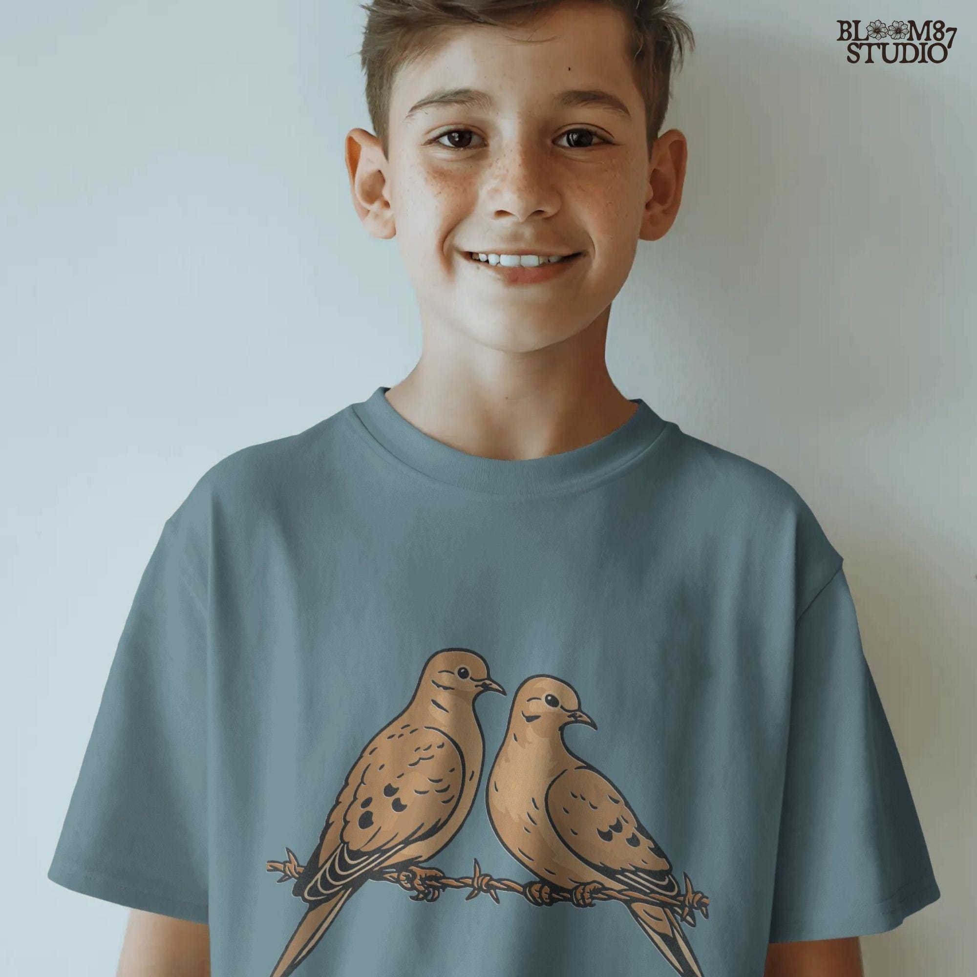 Two mourning doves perched on barbed wire, detailed rustic-style illustration, perfect for hunting season or southern country sublimation crafts.