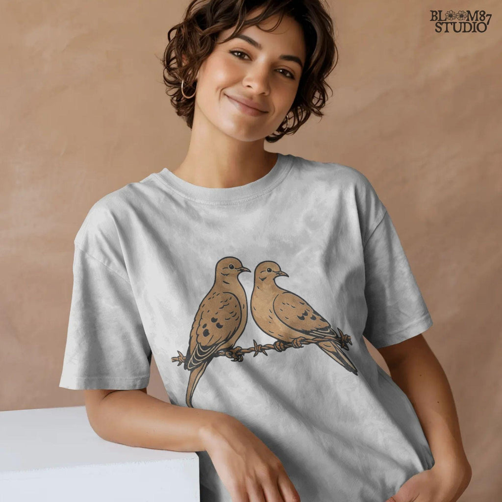 Two mourning doves perched on barbed wire, detailed rustic-style illustration, perfect for hunting season or southern country sublimation crafts.