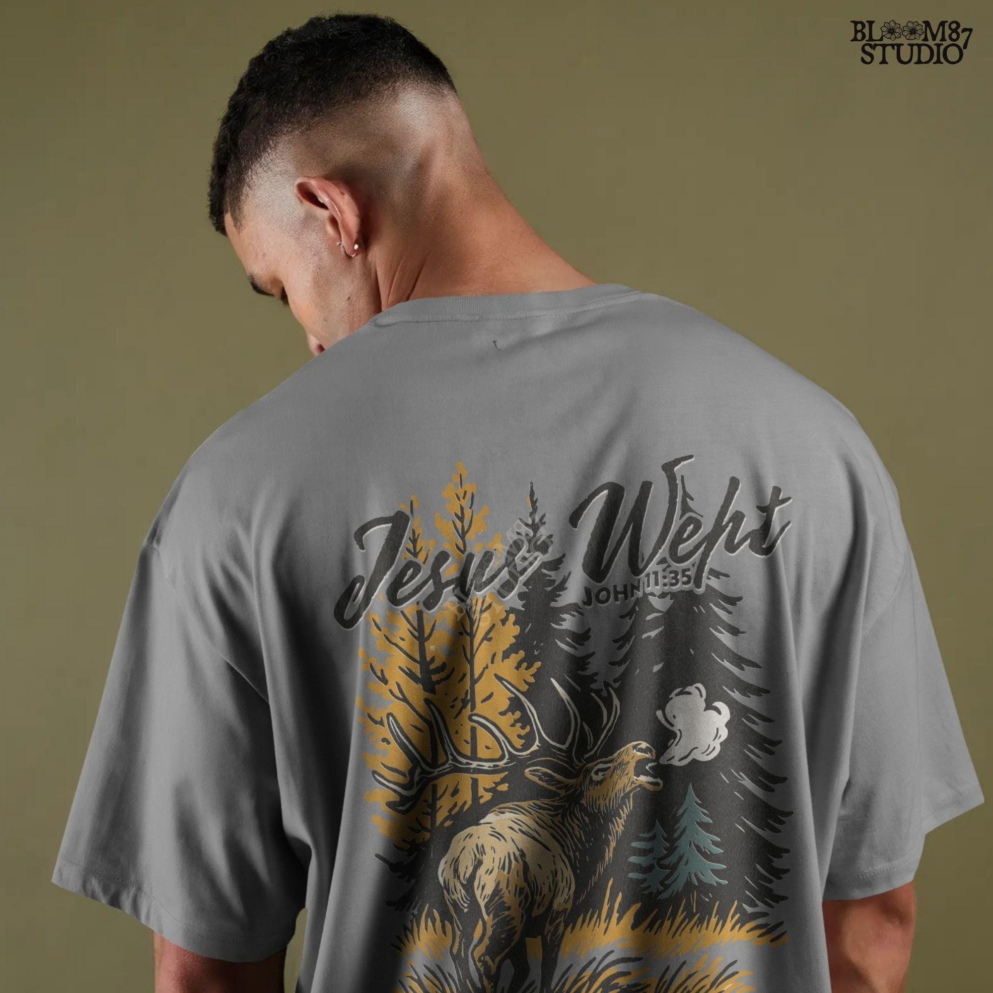 Christian sublimation PNG of a bull elk calling in an autumn forest with pine and yellow trees, featuring “Jesus Wept – John 11:35” Bible verse text.