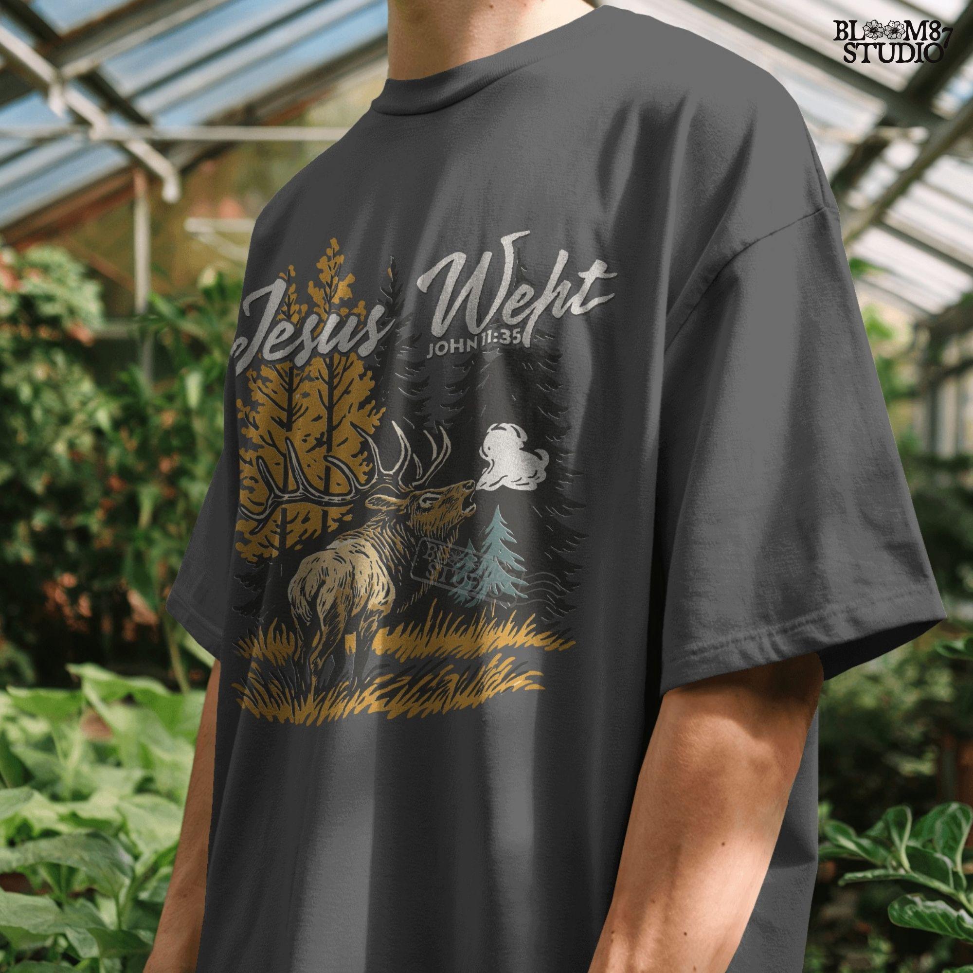 Christian sublimation PNG of a bull elk calling in an autumn forest with pine and yellow trees, featuring “Jesus Wept – John 11:35” Bible verse text.