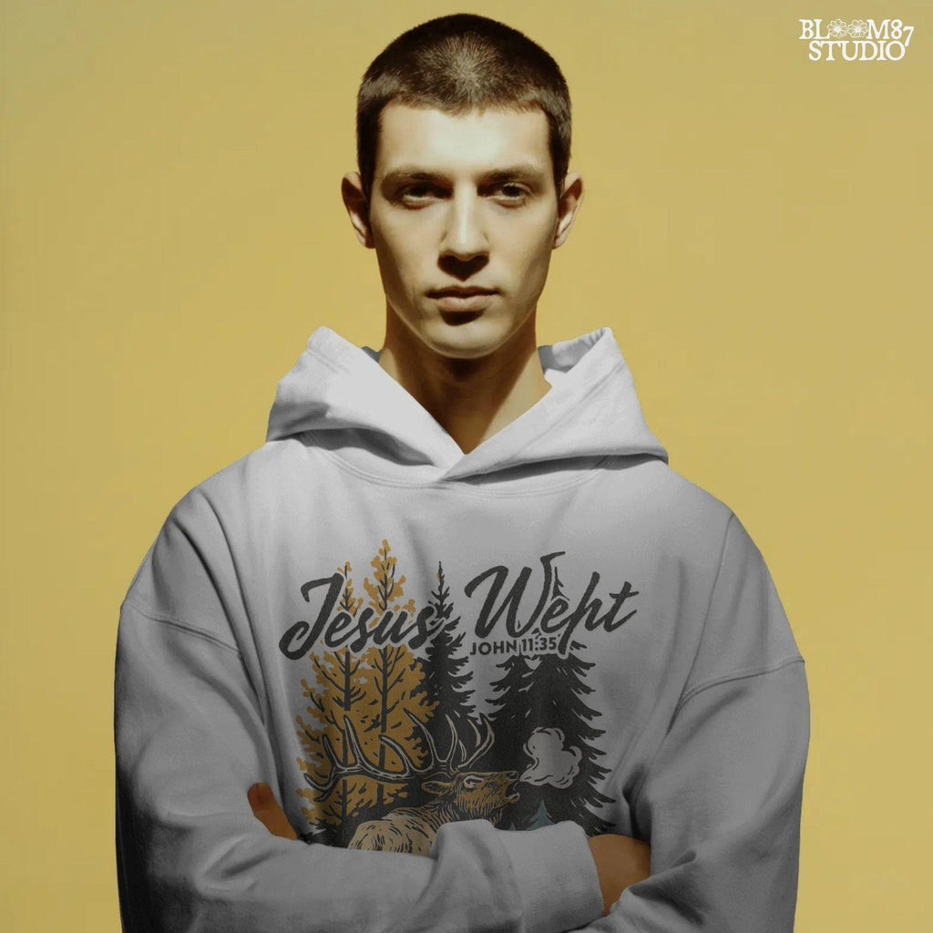 Christian sublimation PNG of a bull elk calling in an autumn forest with pine and yellow trees, featuring “Jesus Wept – John 11:35” Bible verse text.