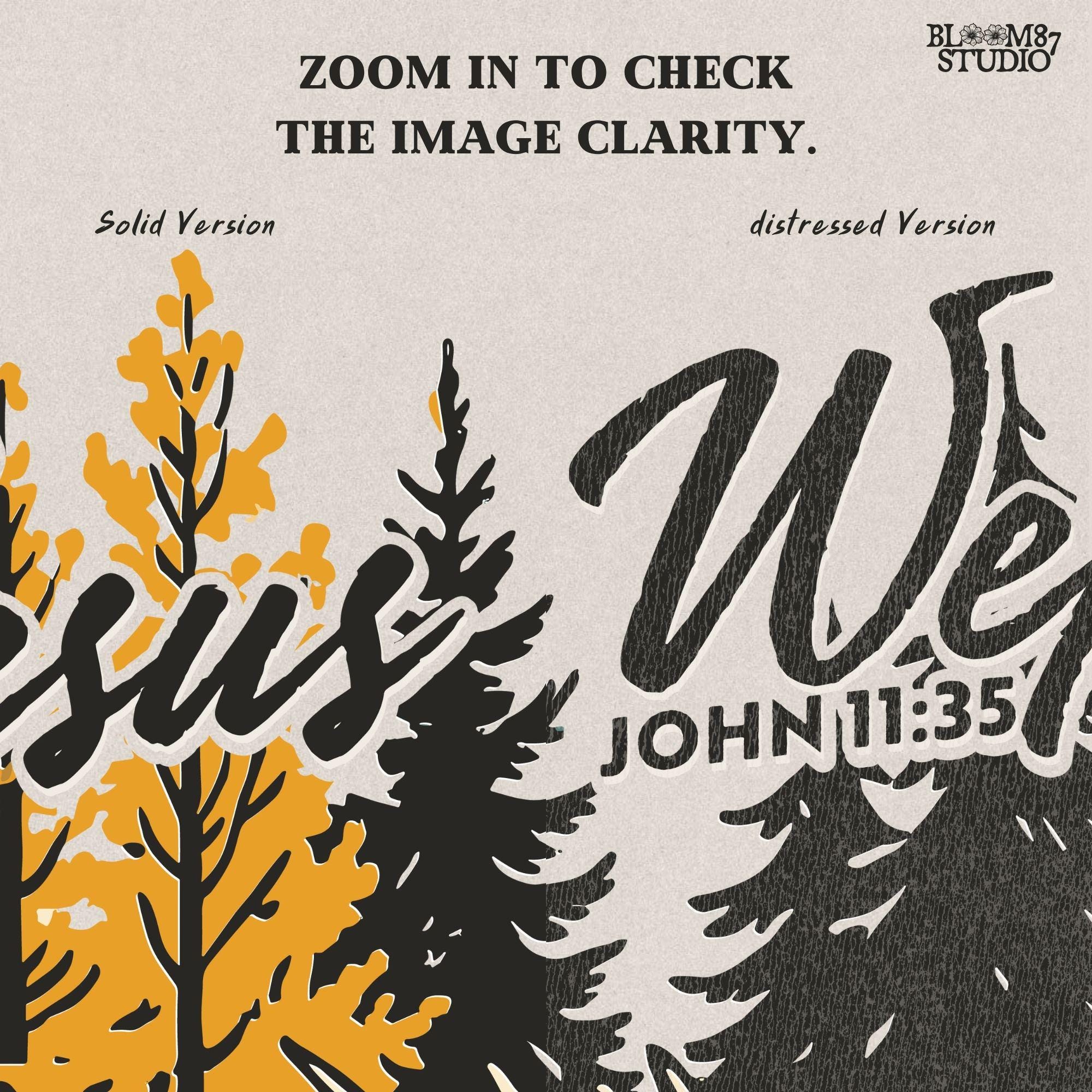 Christian sublimation PNG of a bull elk calling in an autumn forest with pine and yellow trees, featuring “Jesus Wept – John 11:35” Bible verse text.