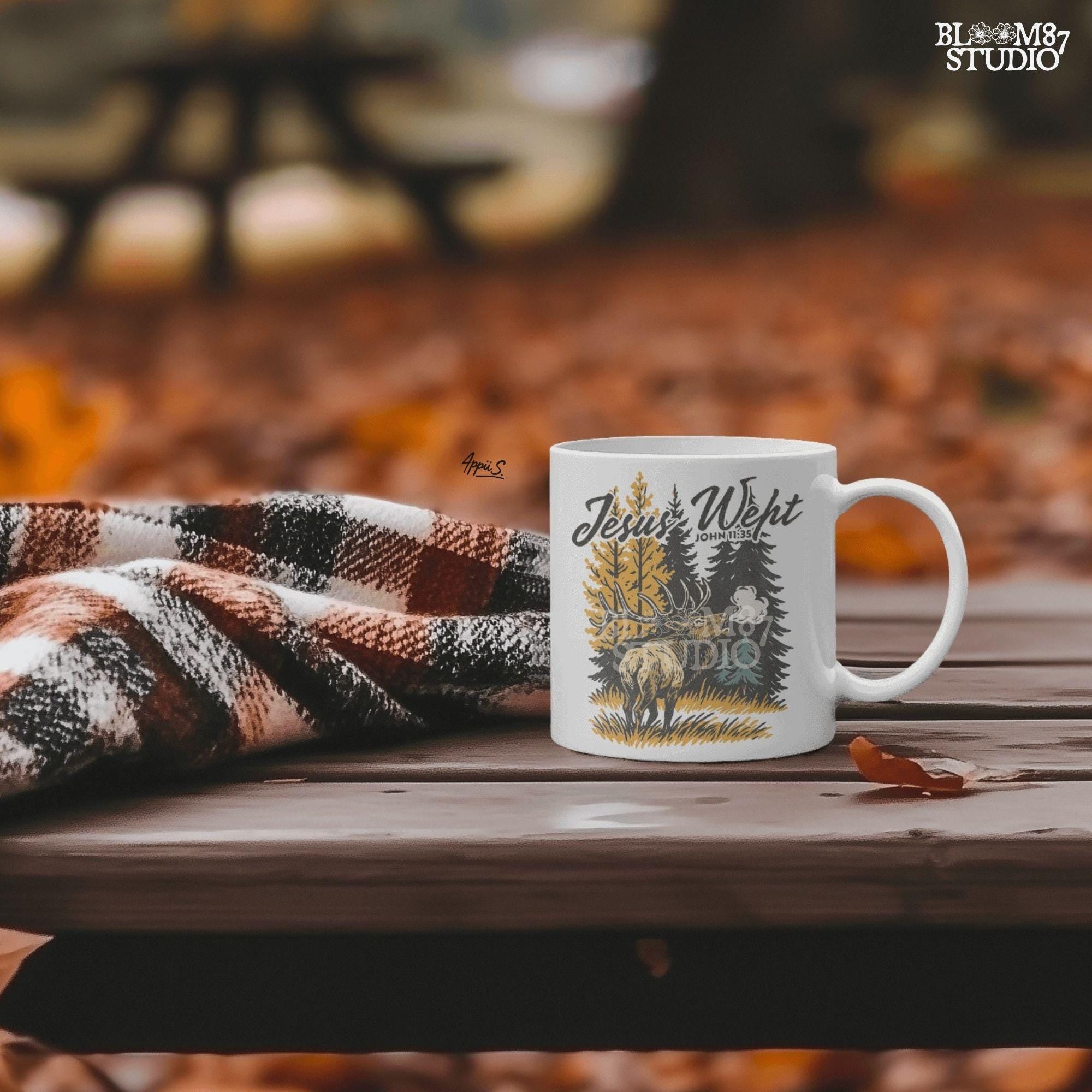 Christian sublimation PNG of a bull elk calling in an autumn forest with pine and yellow trees, featuring “Jesus Wept – John 11:35” Bible verse text.