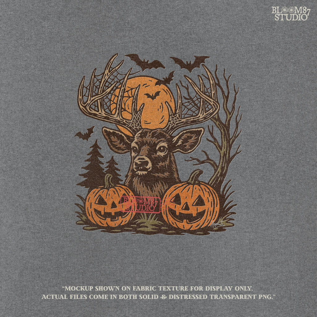 Halloween-themed sublimation PNG of a deer with spiderweb antlers, jack-o’-lantern pumpkins, bats, and a spooky forest background.