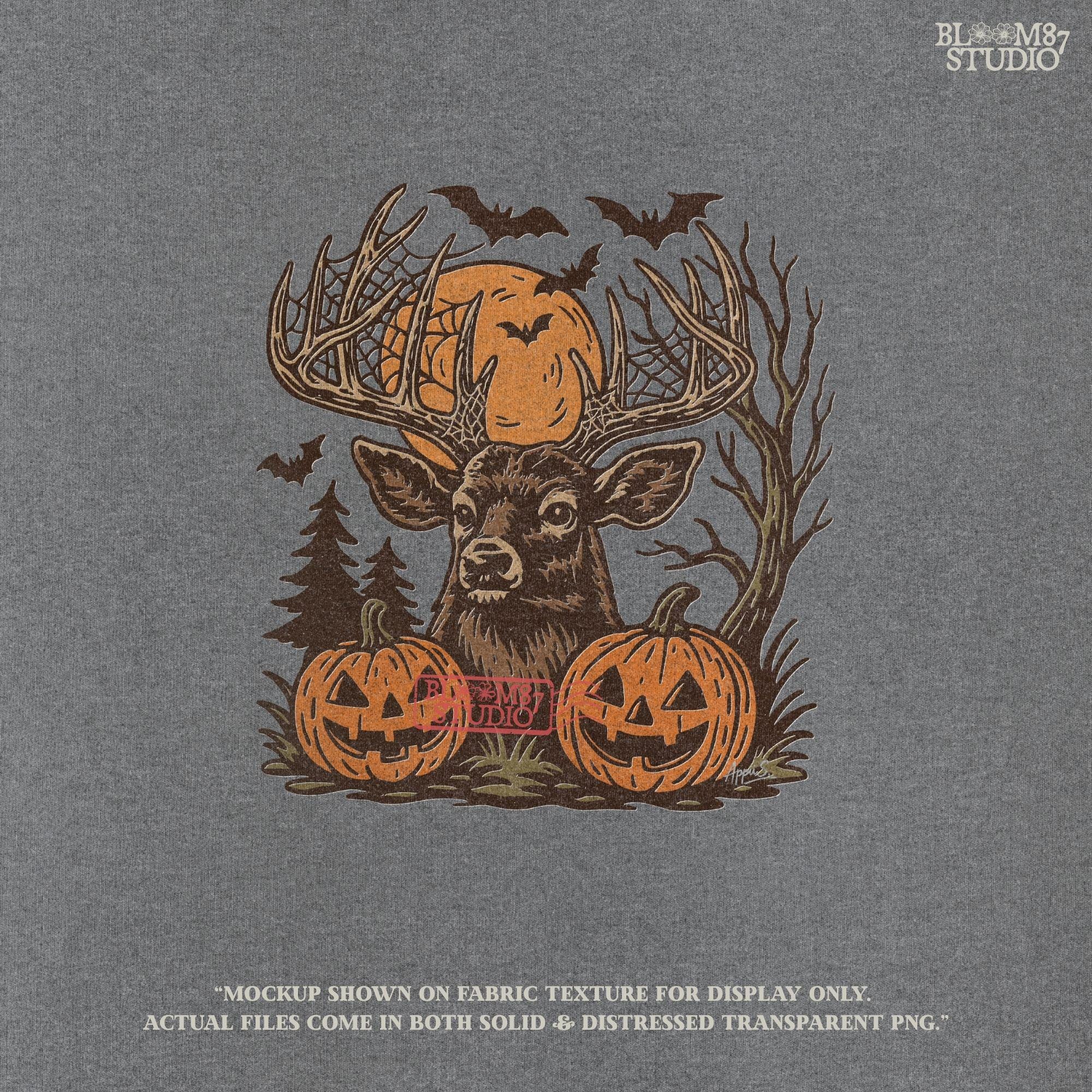 Halloween-themed sublimation PNG of a deer with spiderweb antlers, jack-o’-lantern pumpkins, bats, and a spooky forest background.