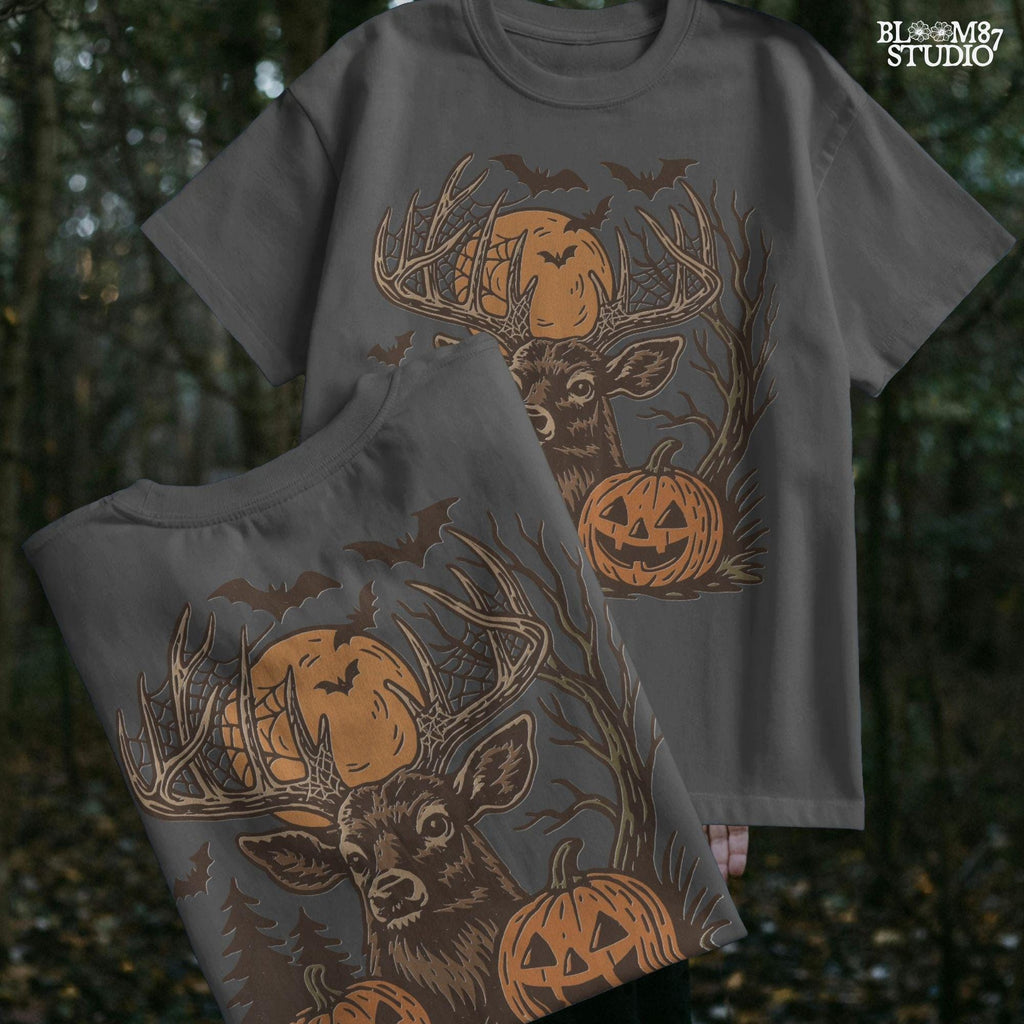 Halloween-themed sublimation PNG of a deer with spiderweb antlers, jack-o’-lantern pumpkins, bats, and a spooky forest background.