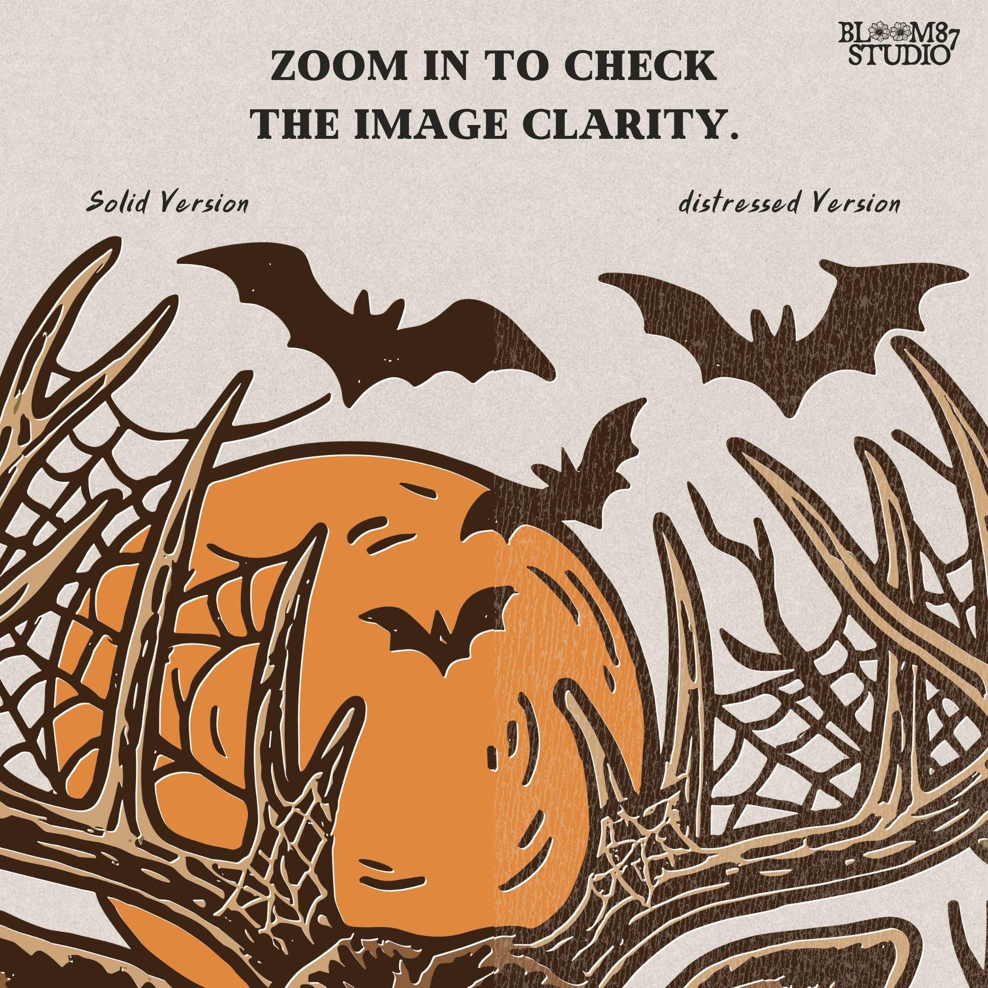 Halloween-themed sublimation PNG of a deer with spiderweb antlers, jack-o’-lantern pumpkins, bats, and a spooky forest background.