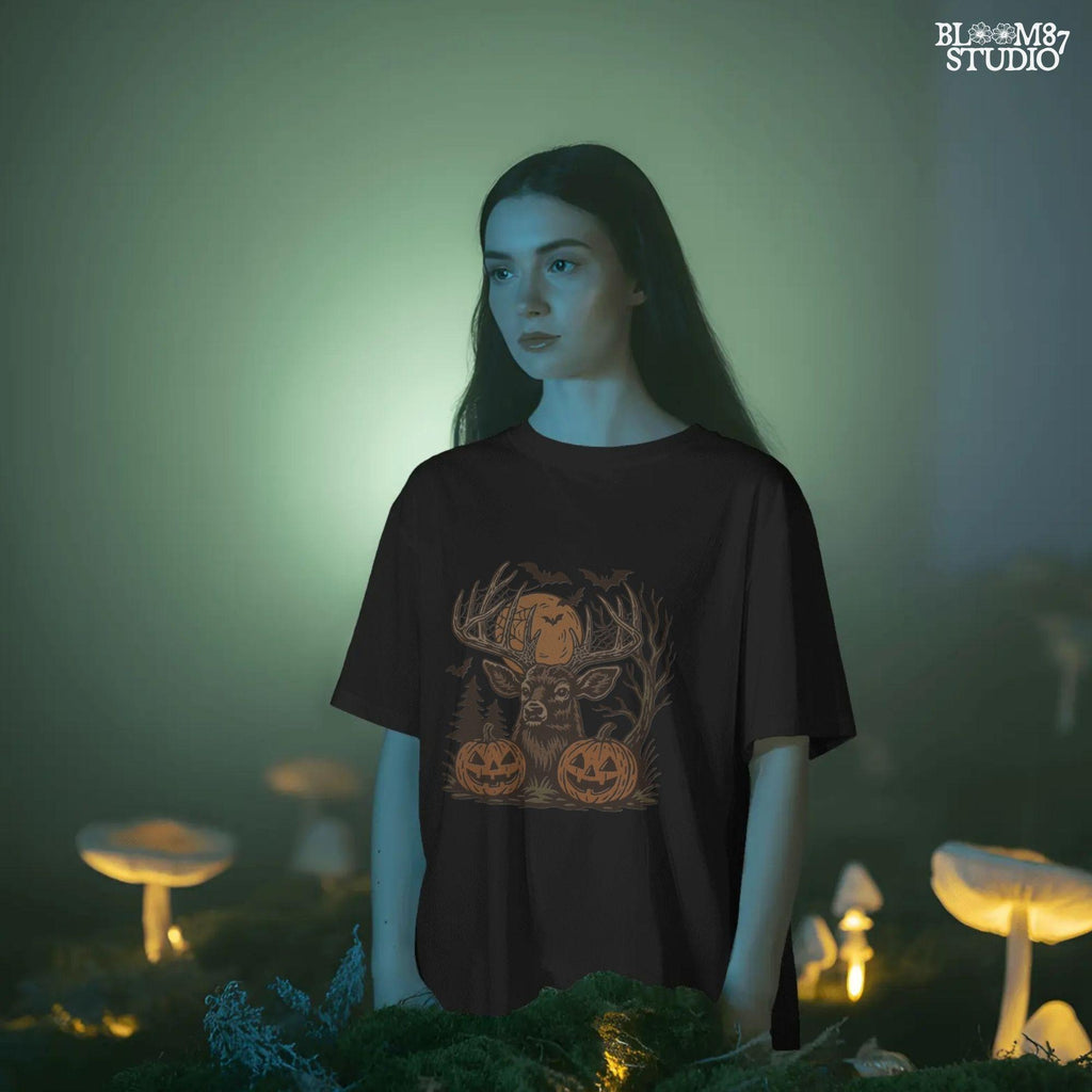 Halloween-themed sublimation PNG of a deer with spiderweb antlers, jack-o’-lantern pumpkins, bats, and a spooky forest background.